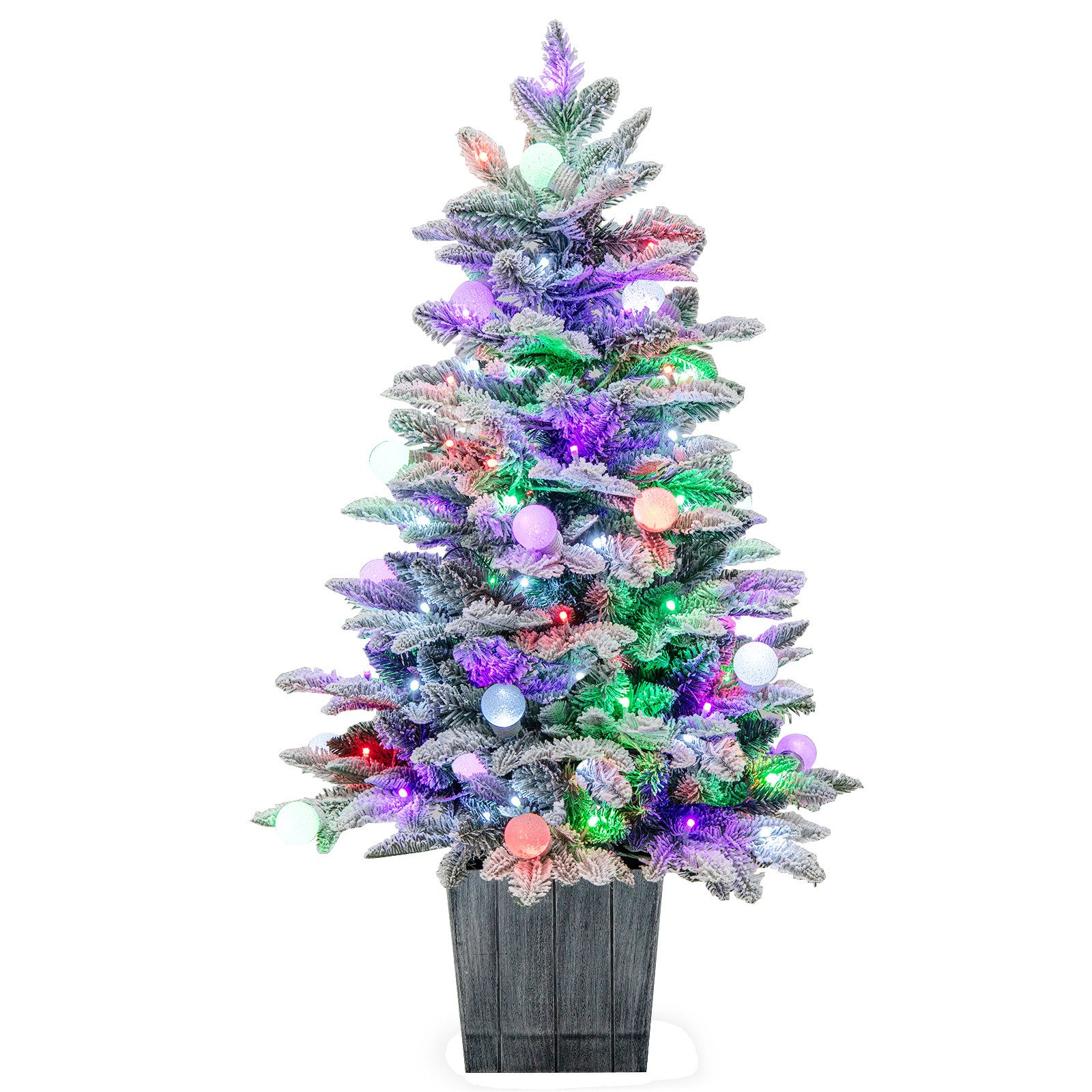 COSTWAY Künstlicher Weihnachtsbaum beflockter Tannenbaum beleuchteter Christbaum mit Schnee & Sockel, 100cm, 80 mehrfarbige LEDs, 148 Spitzen