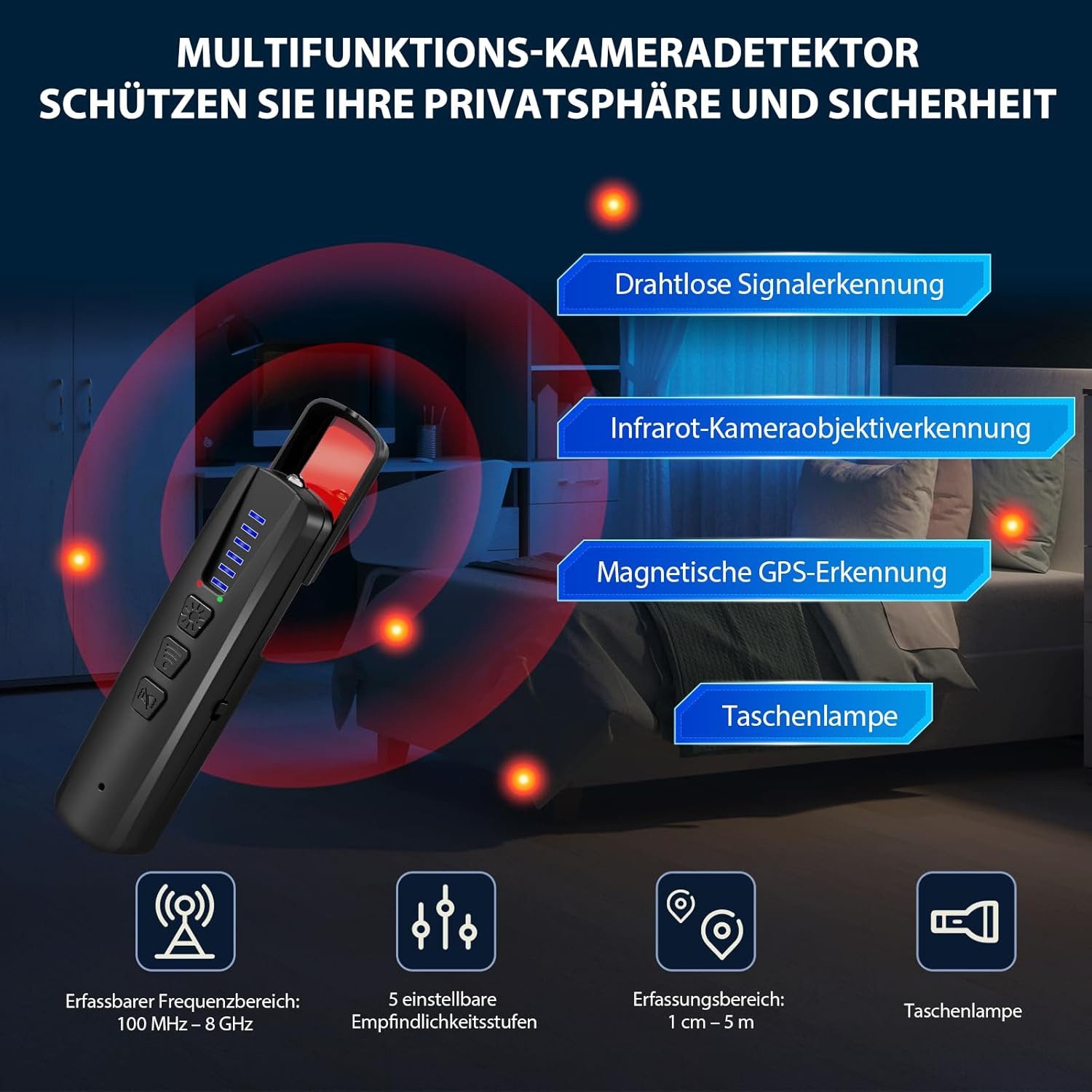 Vornix Wanzen Detektor, Wanzenfinder Versteckte Kamera Finder GPS-Ortungsgerät (Tracker, Abhörgeräte, Funkkameras – für Hotel, Heim, Büro, Reisen)