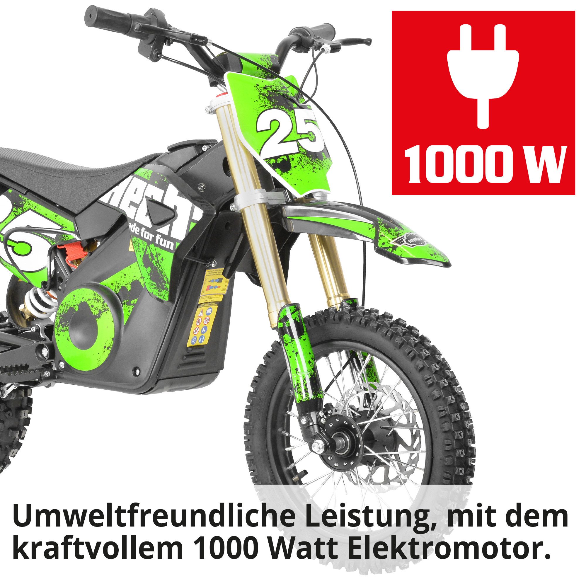 Hecht Elektro-Kindermotorrad 59100 Green 1000 W Pocketbike Mini-Bike 28 km/h Akku, Offroad Kindercross gefedert mit Scheibenbremsen