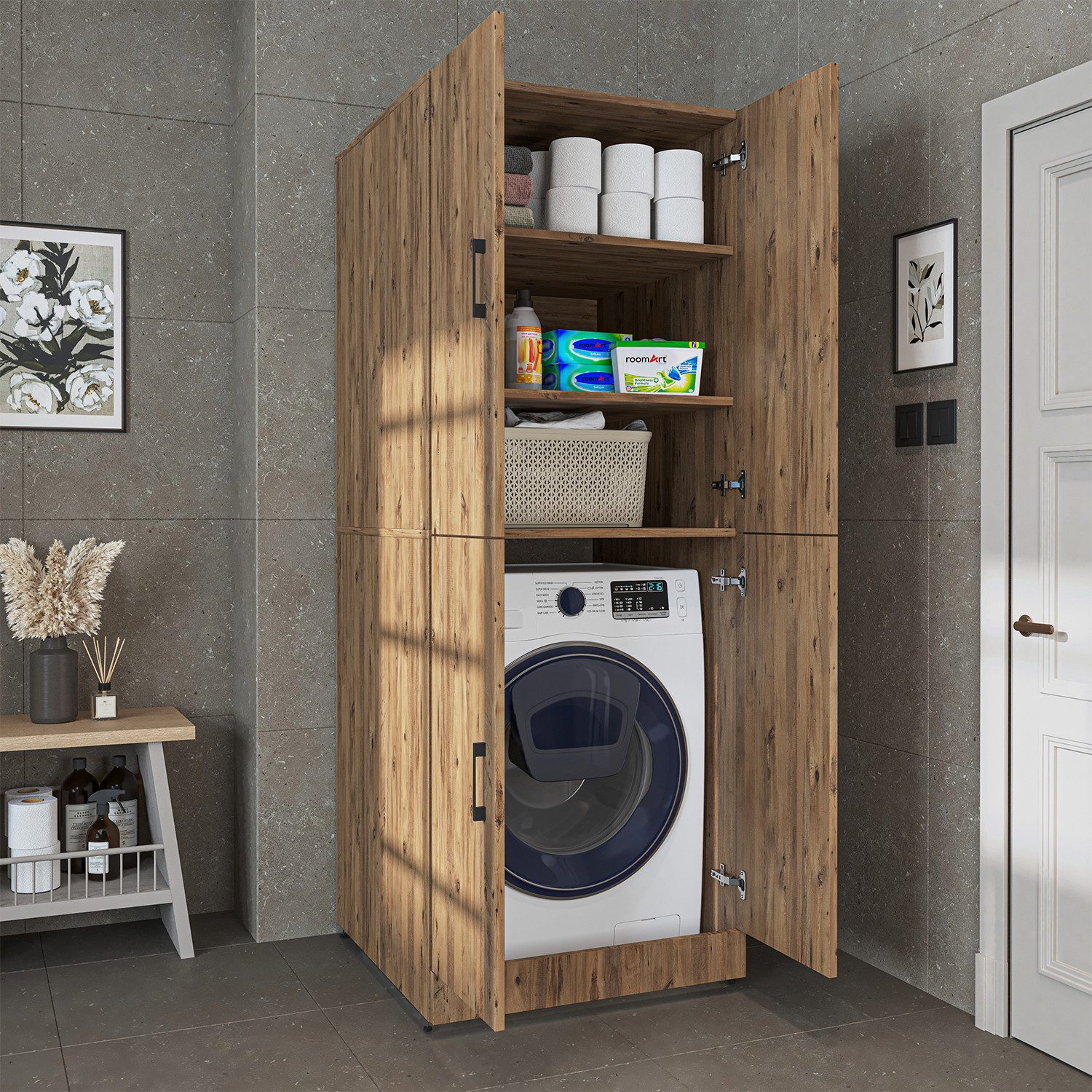 Roomart Waschmaschinenumbauschrank "DORA" (für Waschmaschine & Trockner mit Regalböden, Weiß • Weiß Eiche • Anthrazit Eiche • Eiche • Schwarz-Eiche)