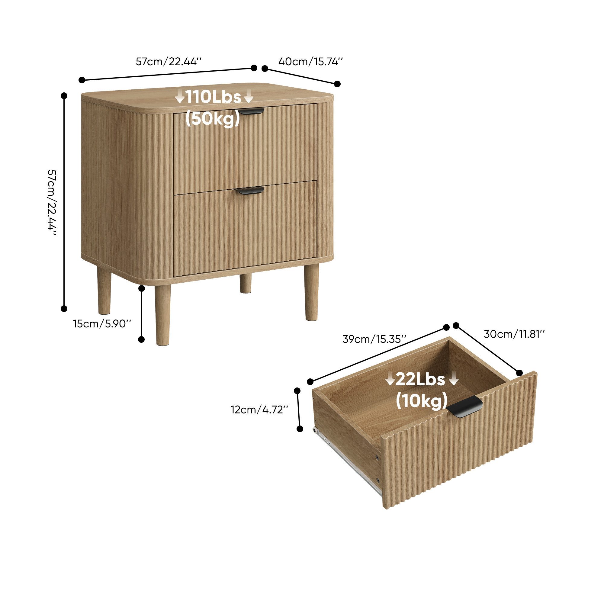 Celya Nachttisch aus Holz mit Rillenstruktur und 2 Schubladen (1er-set, geschwungener Nachttisch, Aufbewahrungsmöbel fürs Schlafzimmer) – Bild 2 von 5
