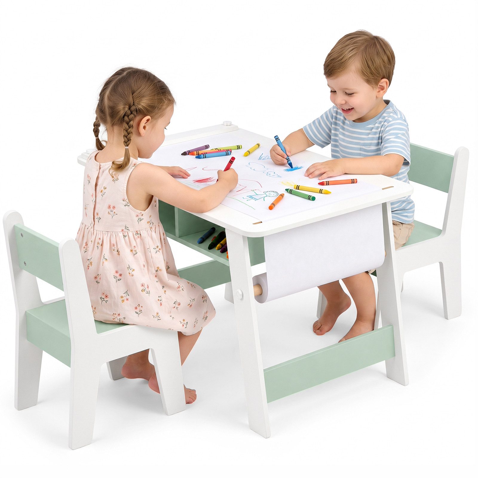 LEADZM Kindertisch Kinder Tisch Stuhl Set, 2 Stühlen Papierrollenhalter, mit Papierrollenhalter