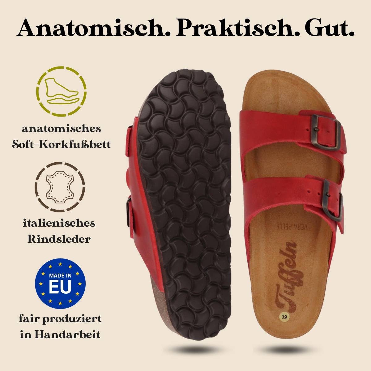 Tuffeln Leder-Sandalen 'Föhr' mit Korkfußbett Zweischnaller Pantolette Hausschuh mit weichem Tieffussbett