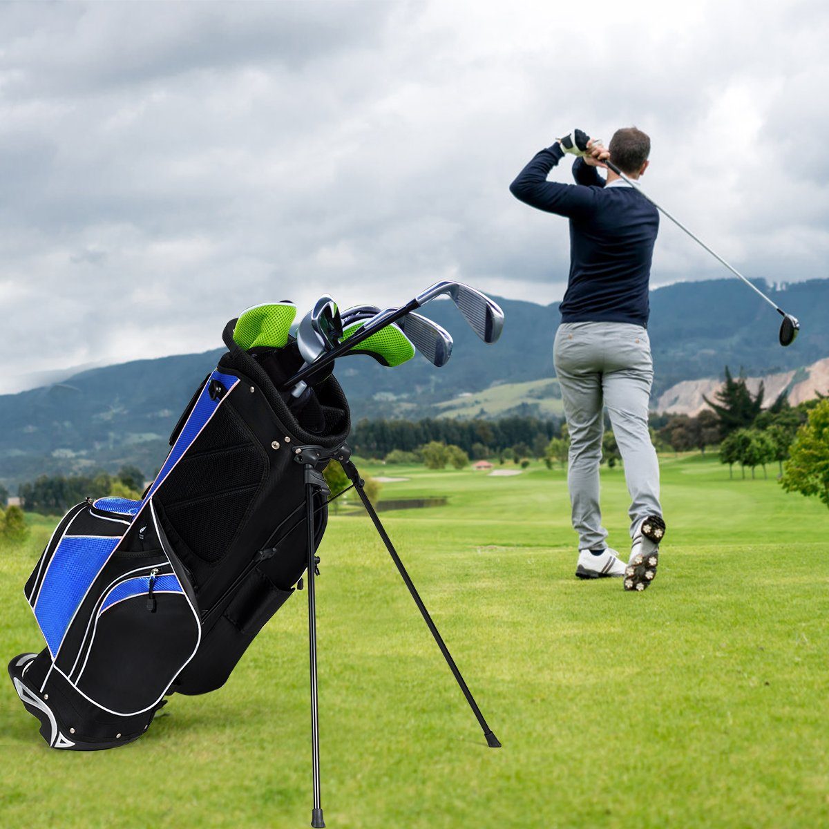 Regenschirmhalter + Ständer, COSTWAY Golfbag, Golftrolley blau+schwarz mit