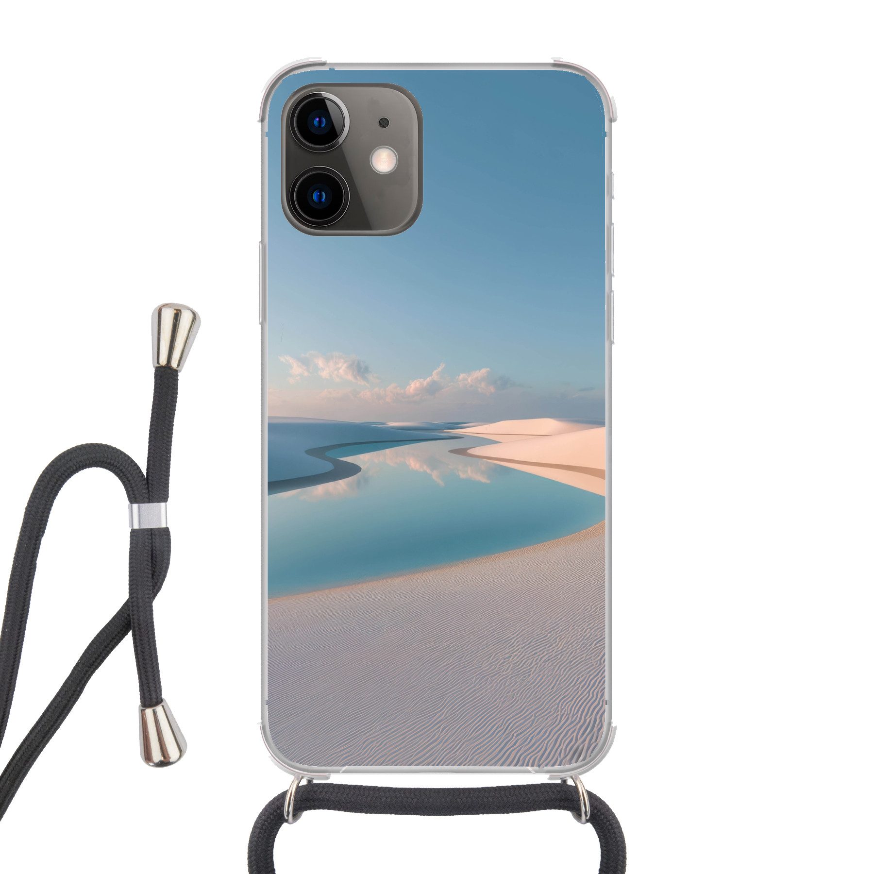 MuchoWow Handyhülle für Apple iPhone 12 Dünen - Teich - Unendliche Stille, Tragbare Handyhüllen mit Kette zum umhängen, Handykette Handyband