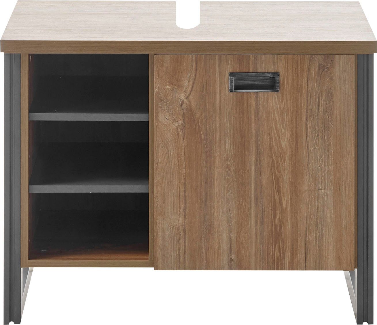 Home affaire Waschbeckenunterschrank Detroit, Waschtisch mit Apothekergriff, Badschrank im Industrialdesign Eiche Dekor, mit offenen Fächern & Stauraum, Breite 81 cm
