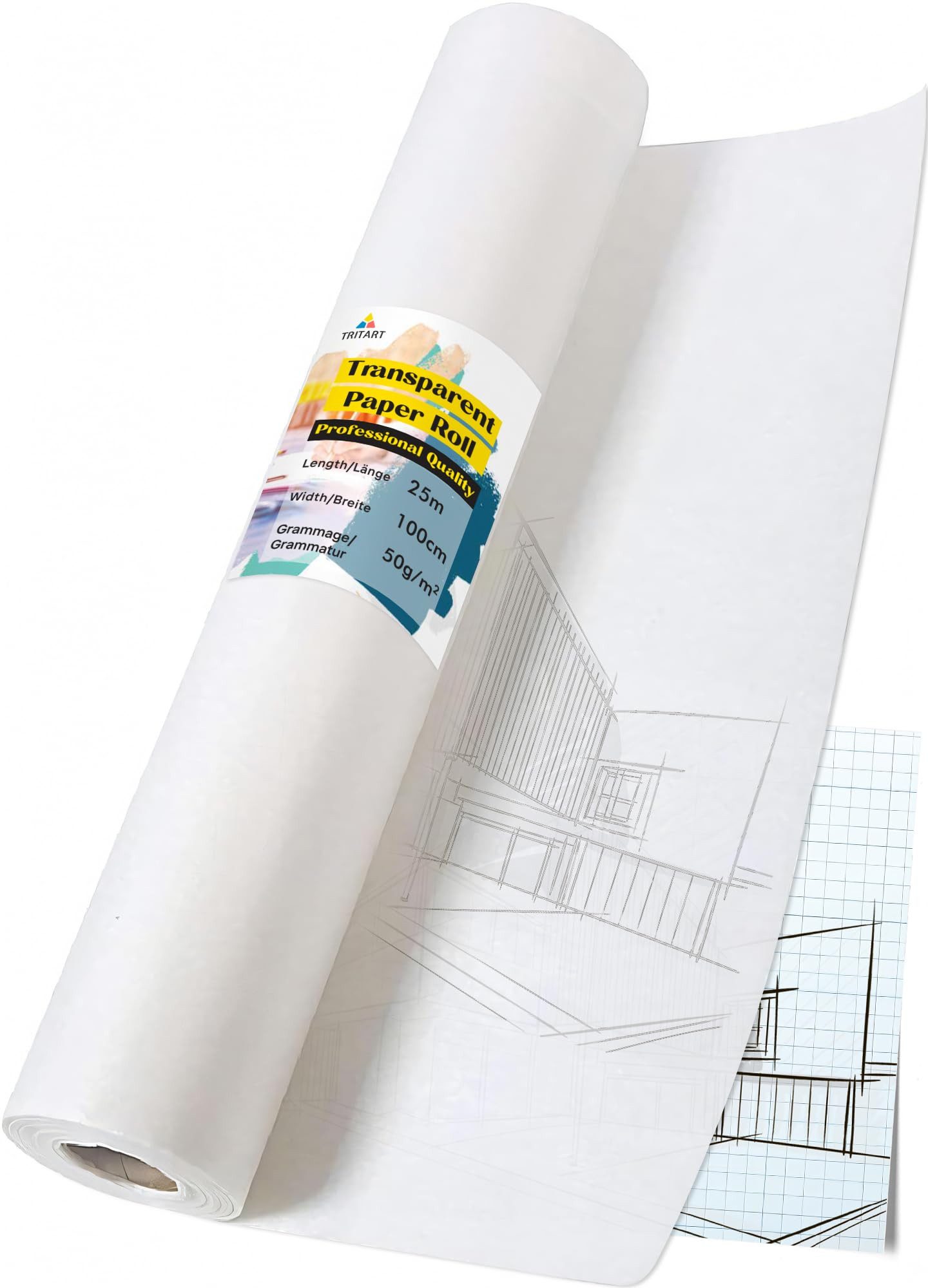 Tritart Transparentpapier Pergamentpapier Pauspapier - Abpauspapier Tracing Paper, Transparentpapier Rolle 100cm x 25m 50g/m - Schnittmusterpapier