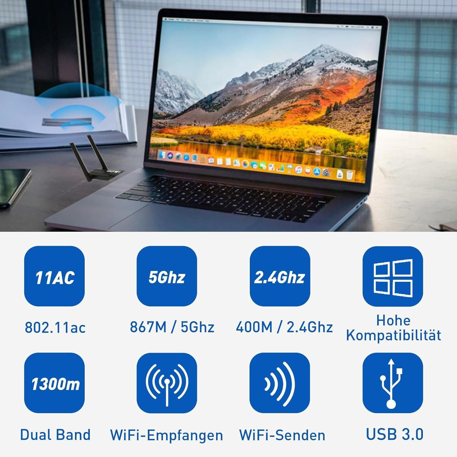 kowdom WLAN-Stick WLAN USB Stick 1300Mbps Dual Band 5dBi Antenne für PC Laptop, 1300Mbit/s, Dual Band, USB 3.0, 5dBi Antenne