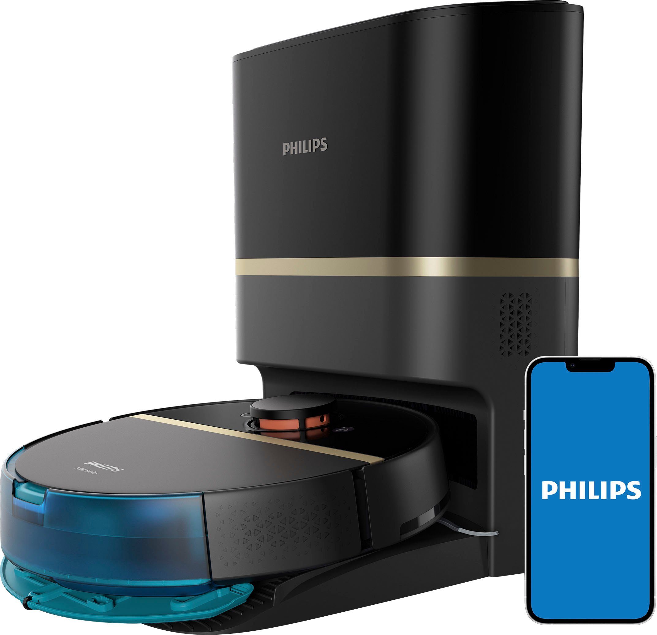 Philips Saugroboter mit Wischfunktion XU7100/01, Teppichfunktion, 360° Lasernavigation, 180 min Akkulaufzeit, ToF-Sensoren, inkl. Entleerungsstation