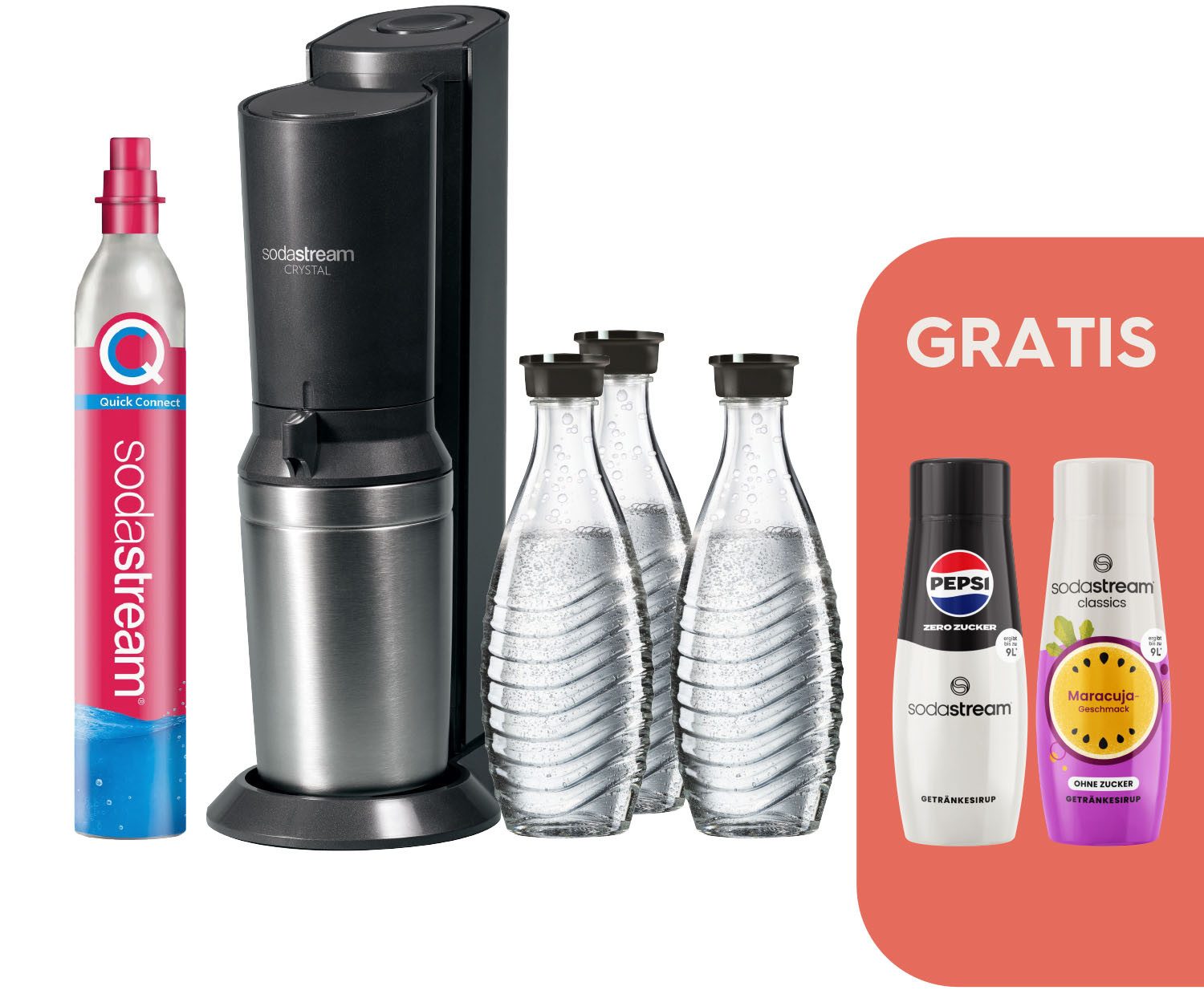 Wassersprudler SodaStream CRYSTAL 3.0 mit 3 Glaskaraffen, 1 CO2-Zylinder und 2 Sirups