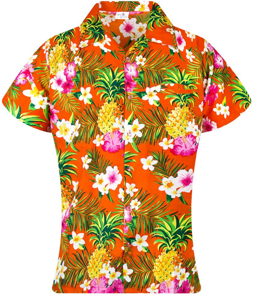 King Kameha Hawaiihemd Pineapple Flowers Funky Hawaiibluse Damen Kurzarm Front-Tasche Stylish