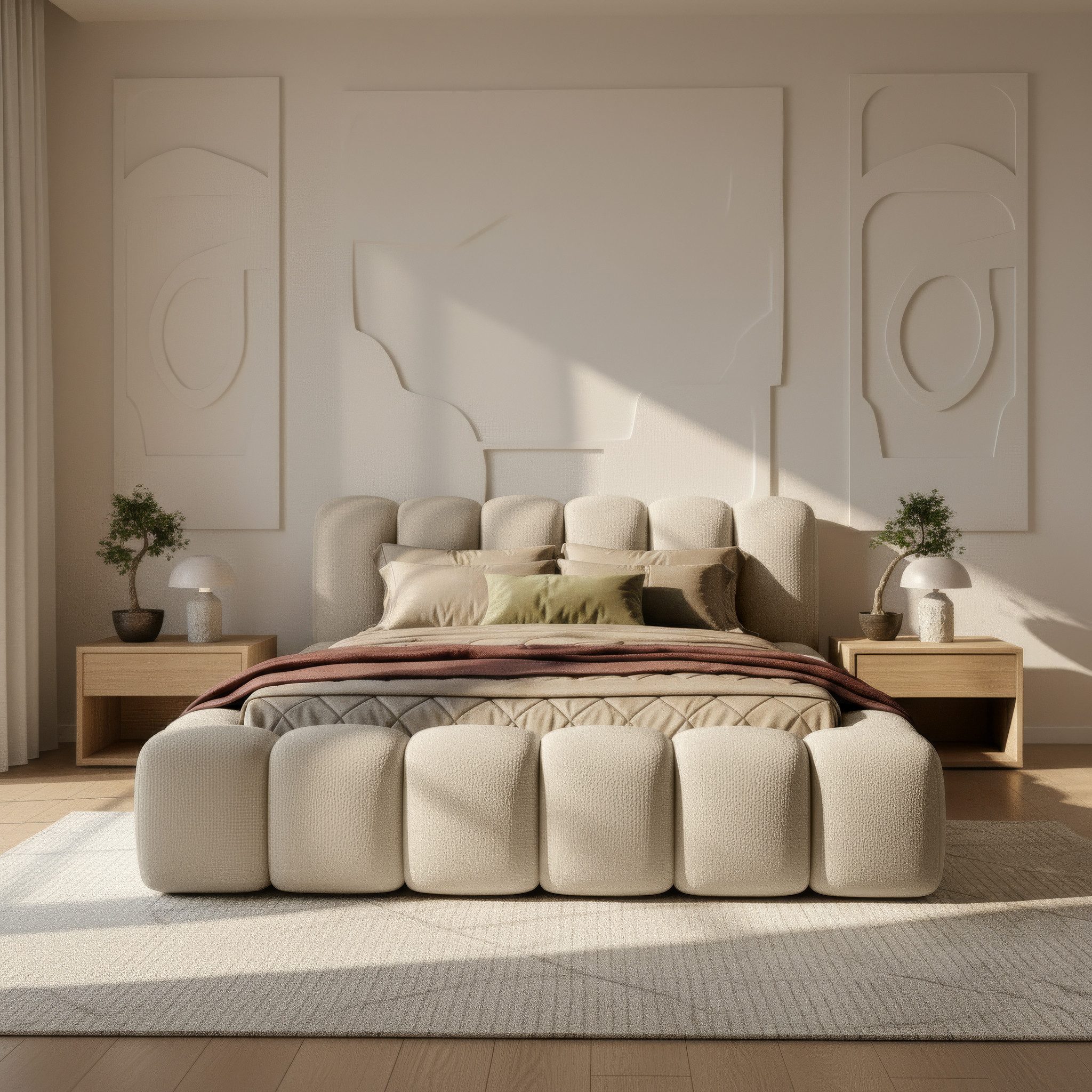 thematys Polsterbett mit Bettkasten 140x200 160x200 180x200 200x200cm (Kopfteil im Oversize-Look und Stauraum – weich, modern und pflegeleicht), hochwertiger Bouclé-Stoff in Kreme und Latte, Inklusive Lattenrost: Holzrahmen,hochwertiger Stoff), hochwertiger Bouclé-Stoff in Kreme und Latte