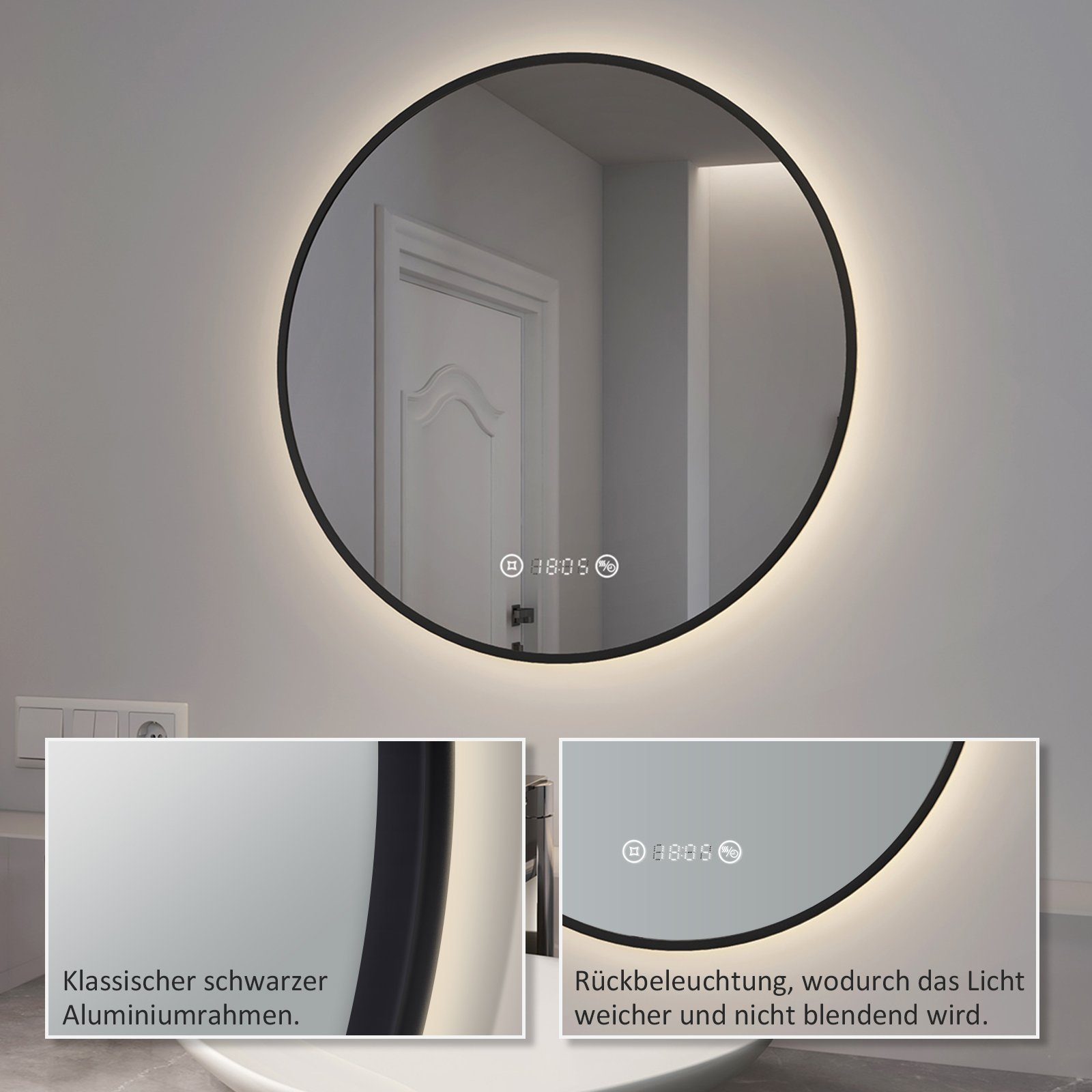EMKE Badspiegel EMKE LED Badspiegel Rund Spiegel mit Beleuchtung Schwarz,  mit Touch, Antibeschlage, Uhr, Temperatur, Dimmbar, Memory-Funktion