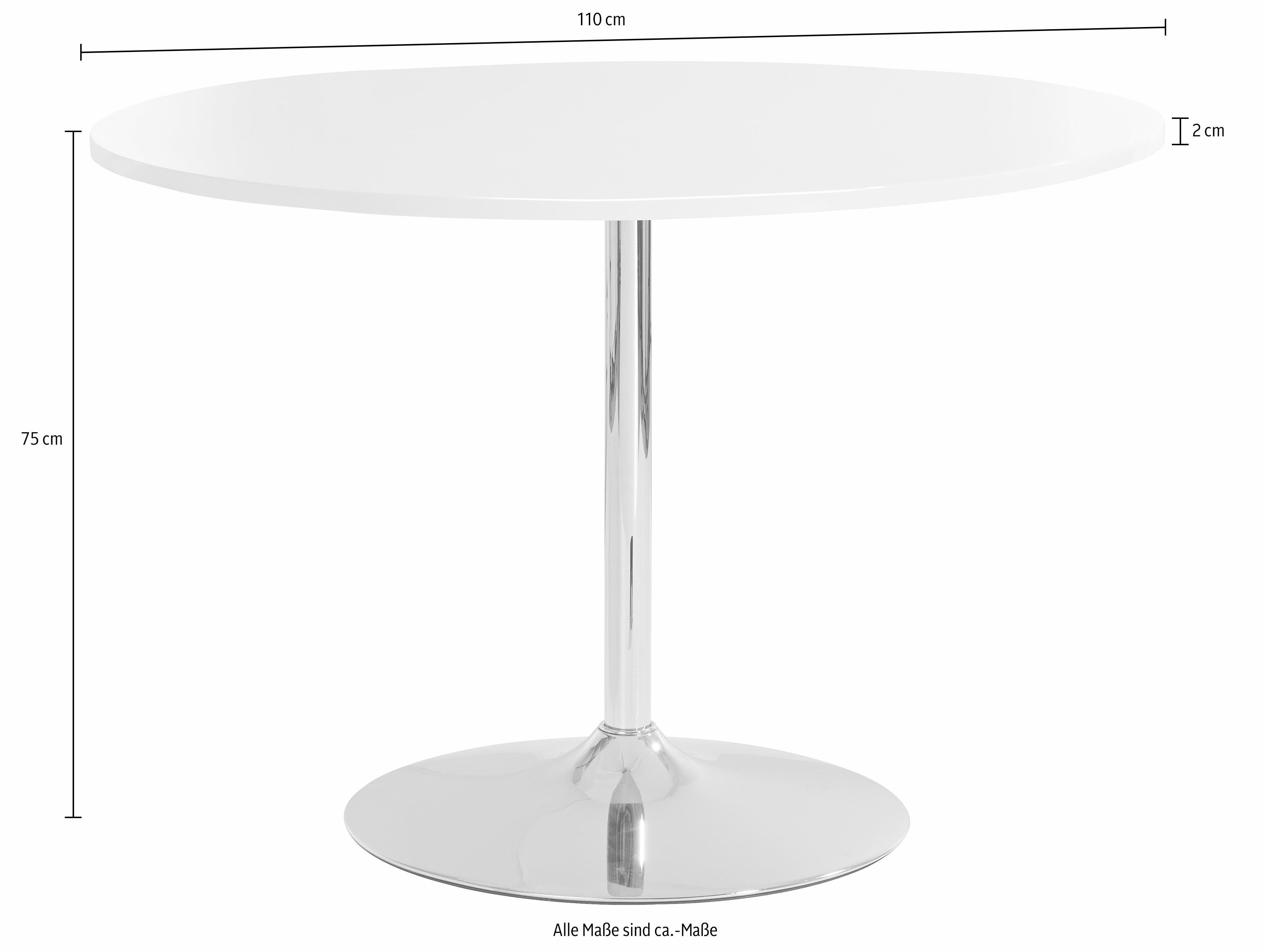 OTTO home Esstisch Trompet, rund, Ø110 cm, Tischplatte weiß Hochglanz, Trompetenfuß, Tulpentisch