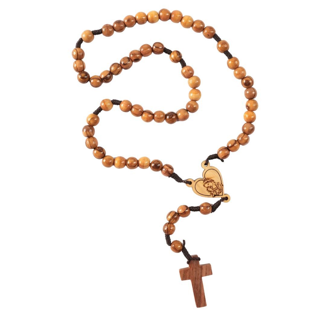 Kassis Geschenkartikel Kette ohne Anhänger Rosenkranz mit Olivenholzperlen Herz und Maria aus Olivenholz, hergestellt in Bethlehem, Gebetskette zu religiösen Anlässen