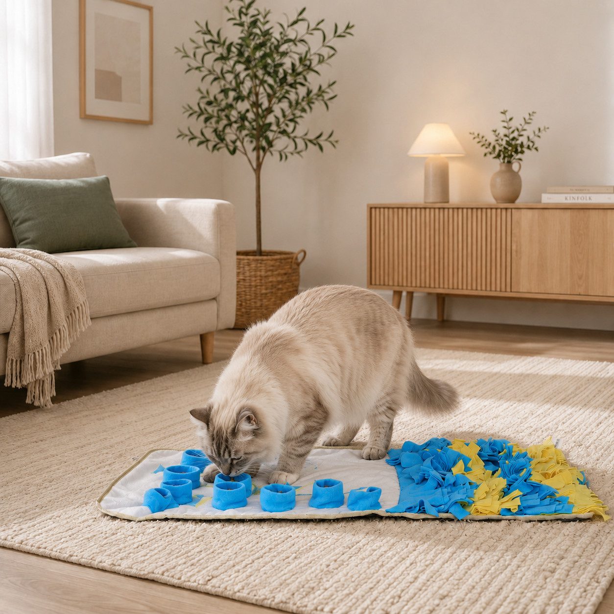 belviona Tierrascheldecke für Katzen, weicher Leckerlieteppich, 100x60 cm gelb/blau, Fleece, (1-tlg) Schnüffelmatte zur Förderung der Konzentration