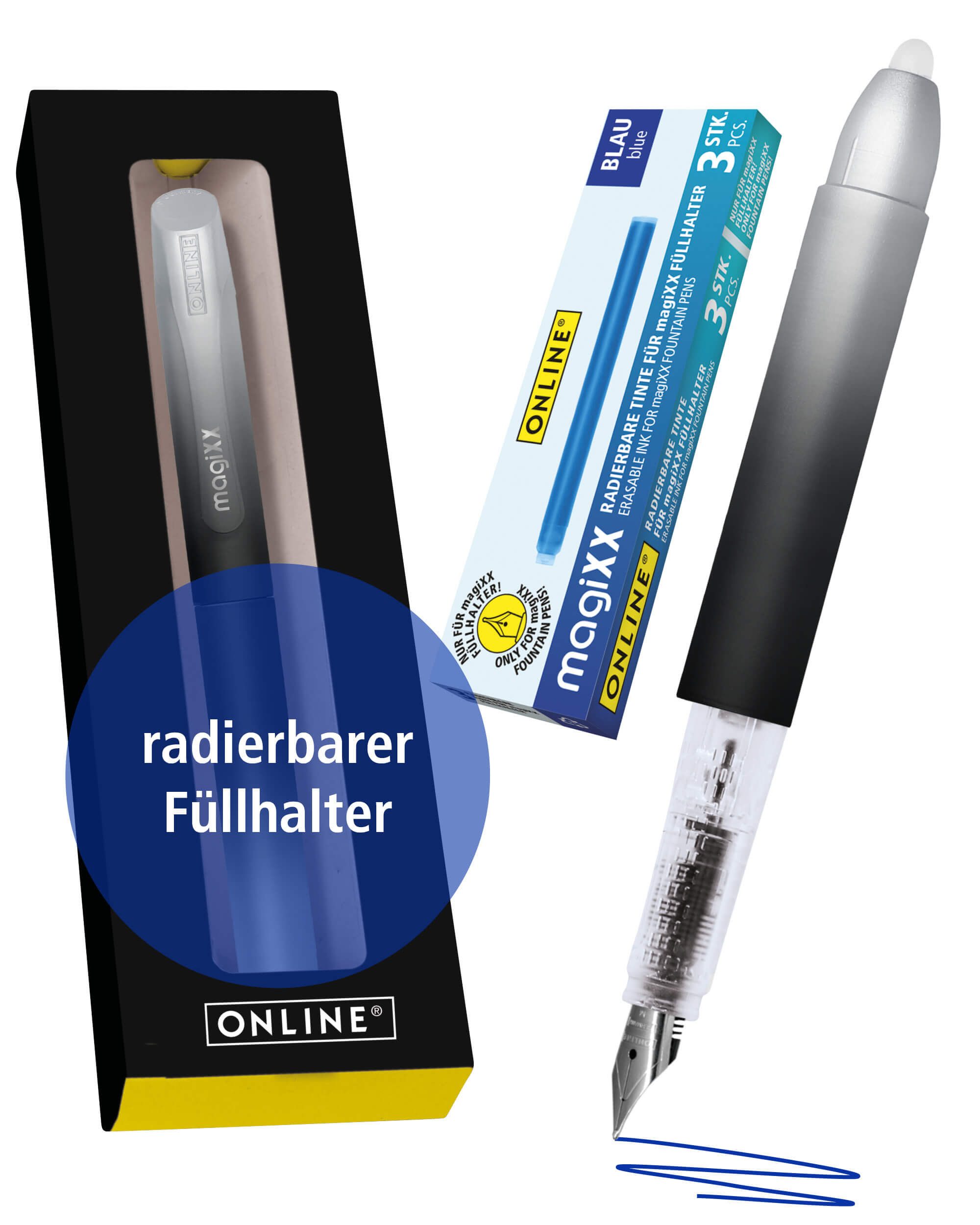 Online Pen Füller magiXX Radierbarer Füller, mit radierbarer, blauer Tinte, inkl. 4 magiXX Patronen, Vorteilspack
