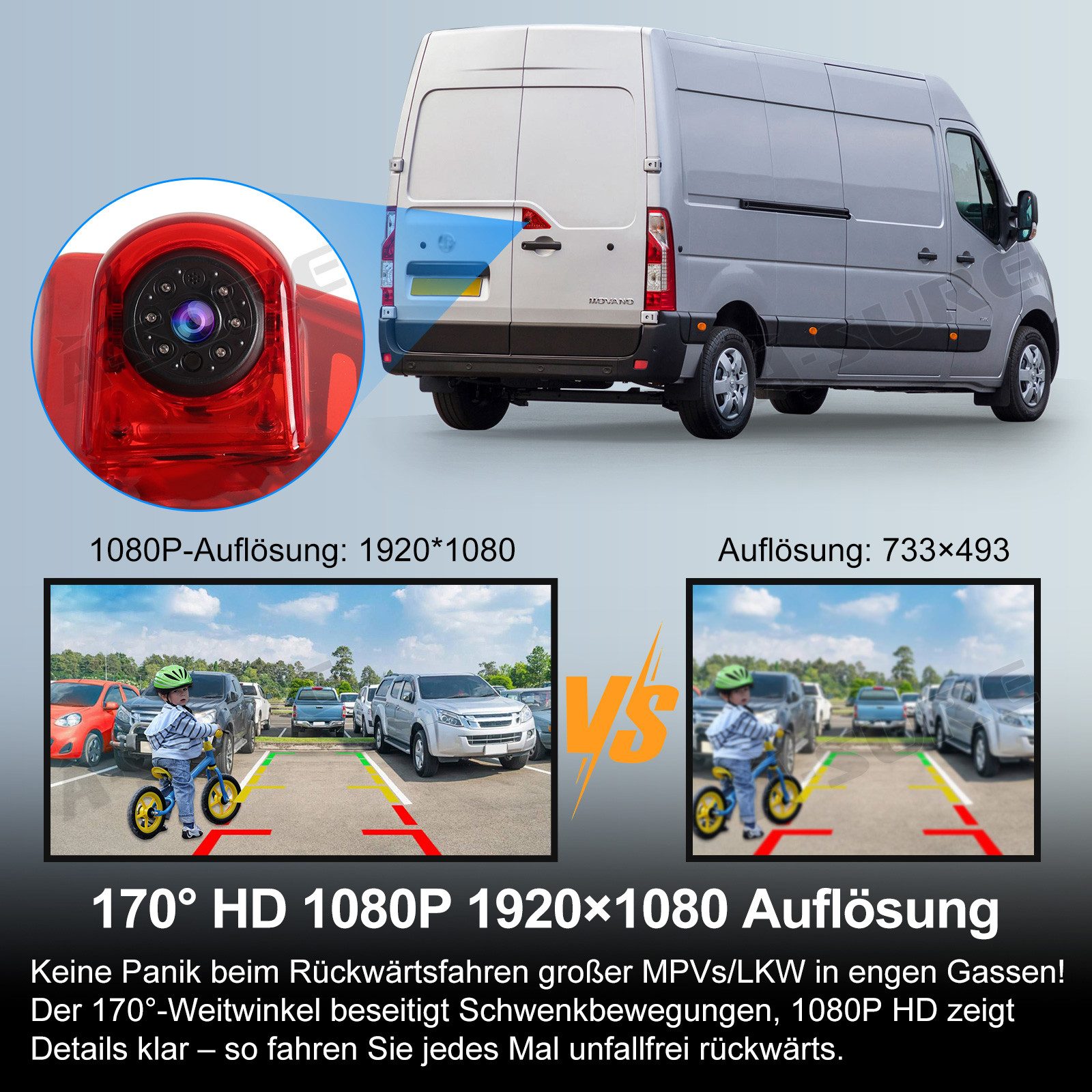 A-Sure Für Opel Movano Renault Master Nissan NV400 Rückfahrkamera Bremslicht Rückfahrkamera (AHD, 1080P HD/1920*1080/IP67/170° Weitwinkel)