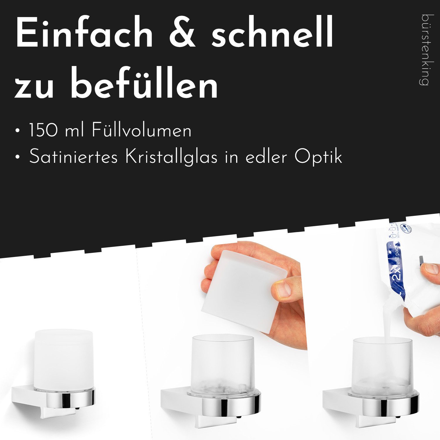 Bürstenking Seifenspender aus Kristallglas satiniert – 150 ml, Wandmontage, Einhandbedienung, (eckig oder rund), 150 ml Flüssigseifenspender – Bild 5 von 5