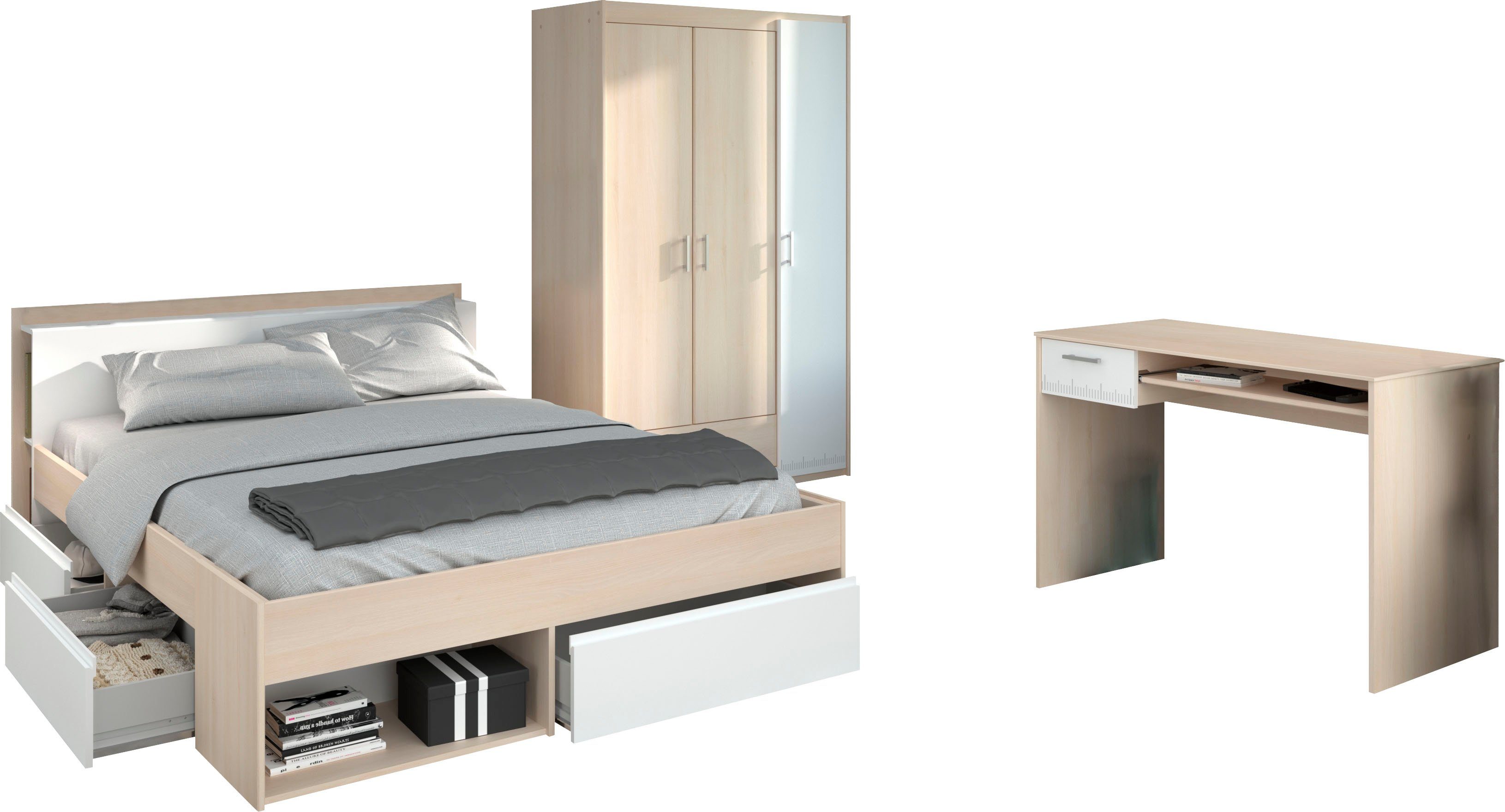 Parisot Jugendzimmer-Set Most, (Set, 3-tlg., Bett mit Schubkästen, Kleiderschrank und Schreibtisch)