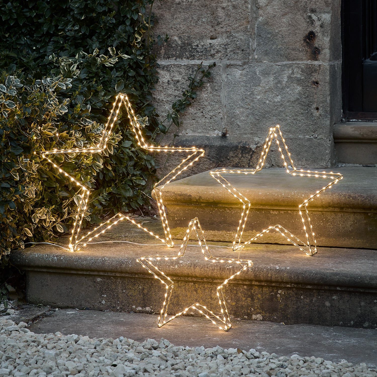 Lights4fun LED-Stern für außen 3er Set Micro LED Sterne, Micro LED, Weihnachtsbeleuchtung, Höhe: 28cm, 36cm & 45cm