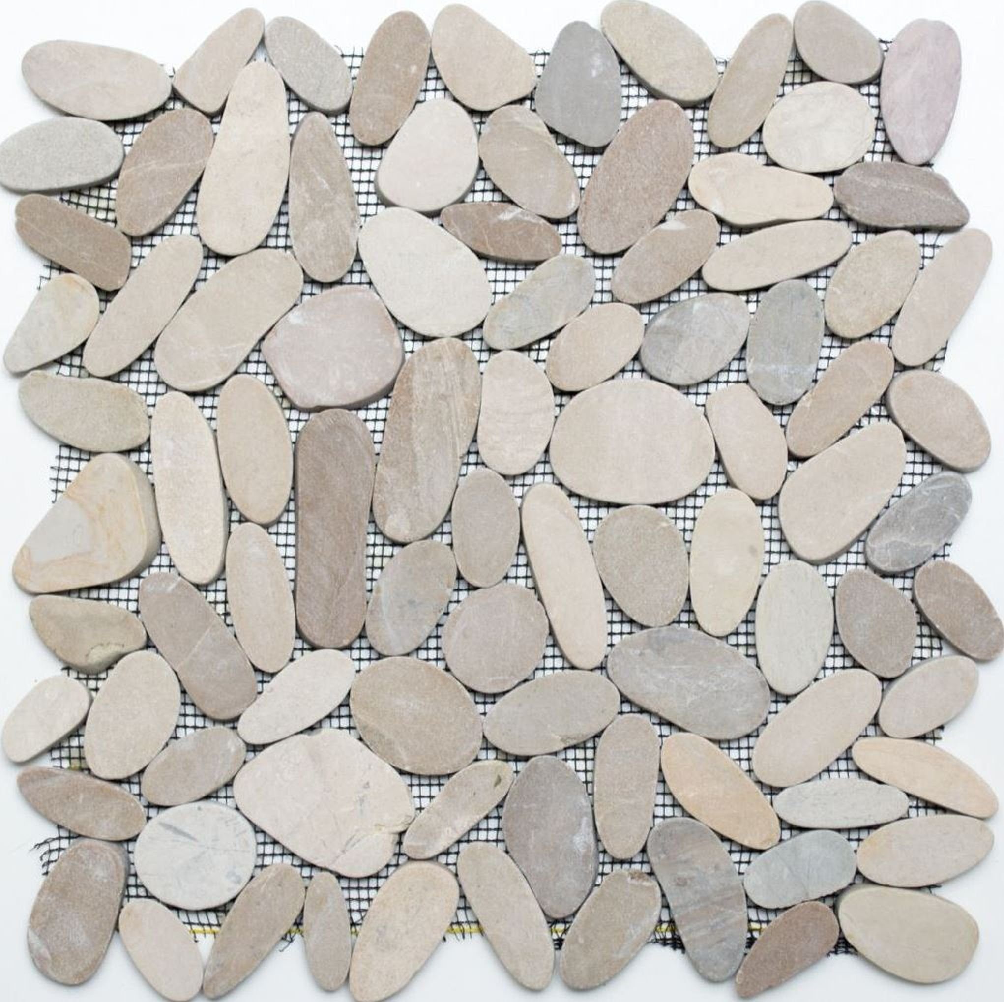 Mosani Mosaikfliesen Flußkiesel hellbeige braun Kiesel geschnitten Duschwanne Bad