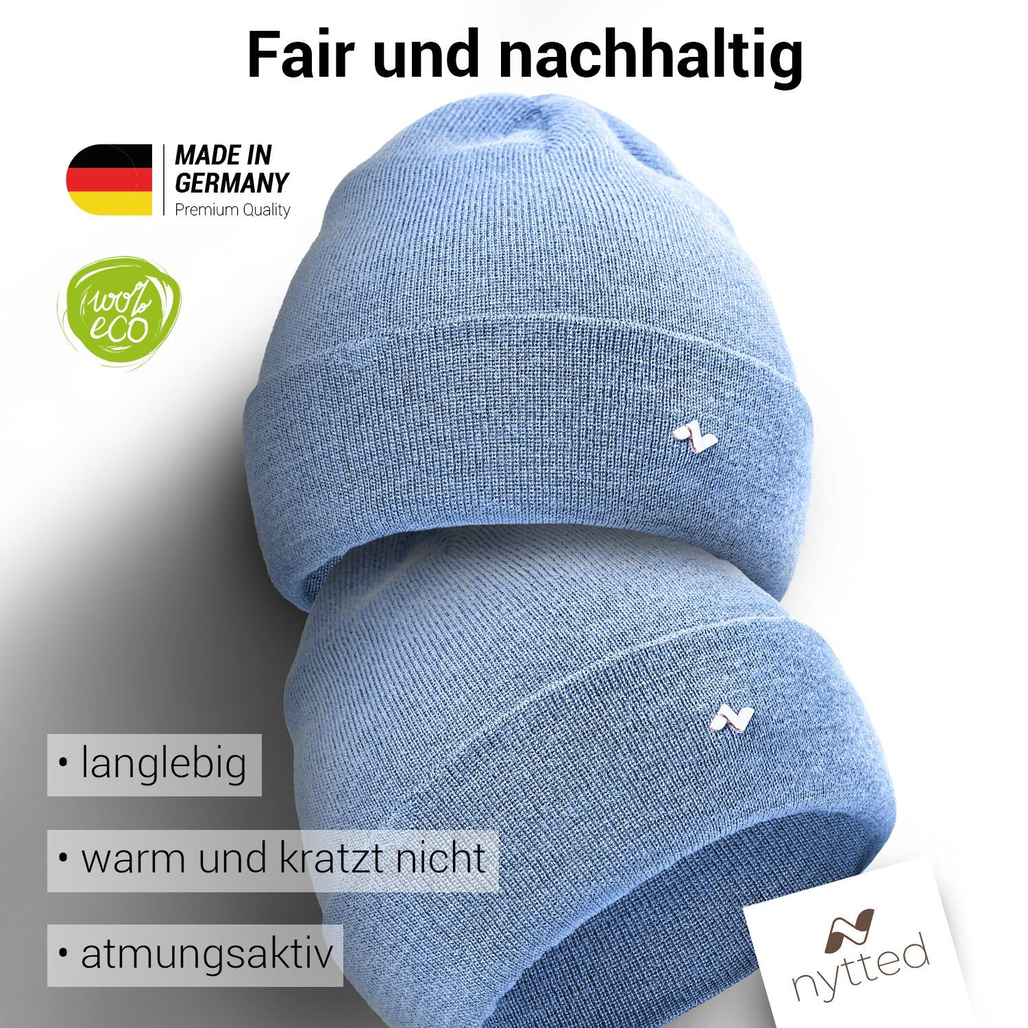 NYTTED® Beanie - 100% Merino-Wolle - & für Herren Damen Made in - hellblau Wintermütze Germany