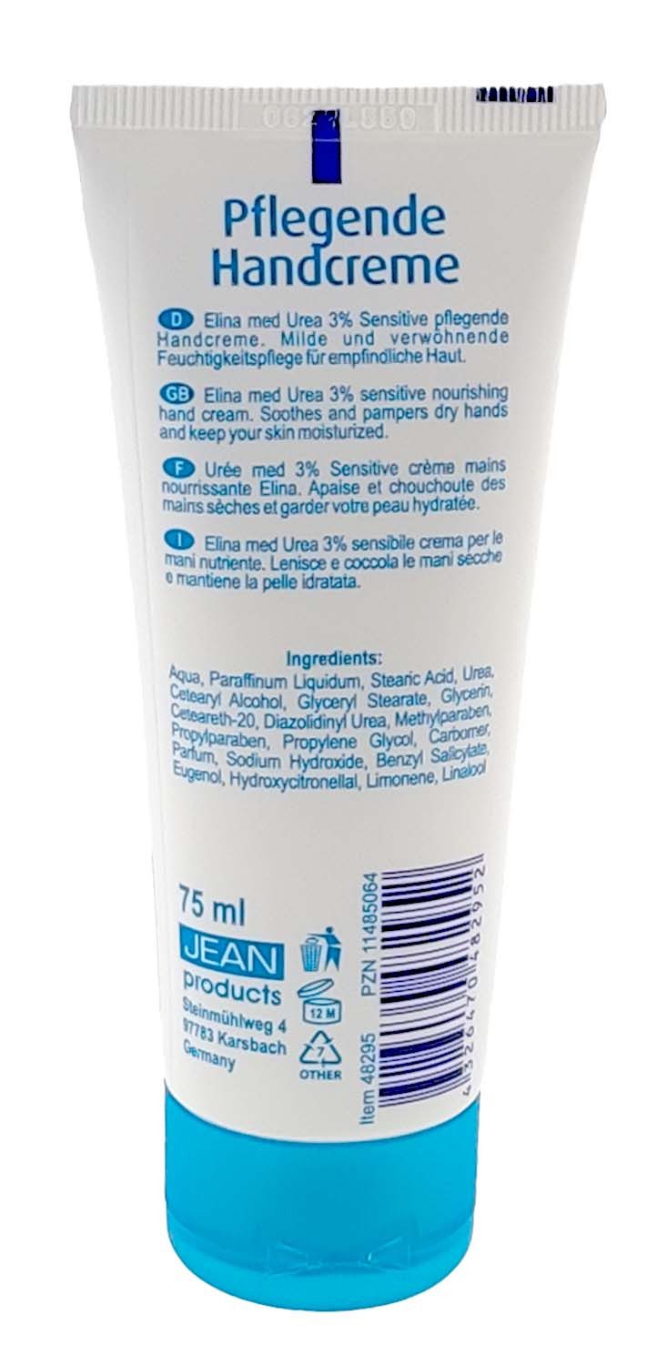 Elina Med Handcreme Handcreme Urea 3% Sensitive 75ml Feuchtigkeitspflege Tube Tube, 1-tlg., Handcreme Handpflege empfindliche Haut Cremecreme Urea sensitiv Tube f