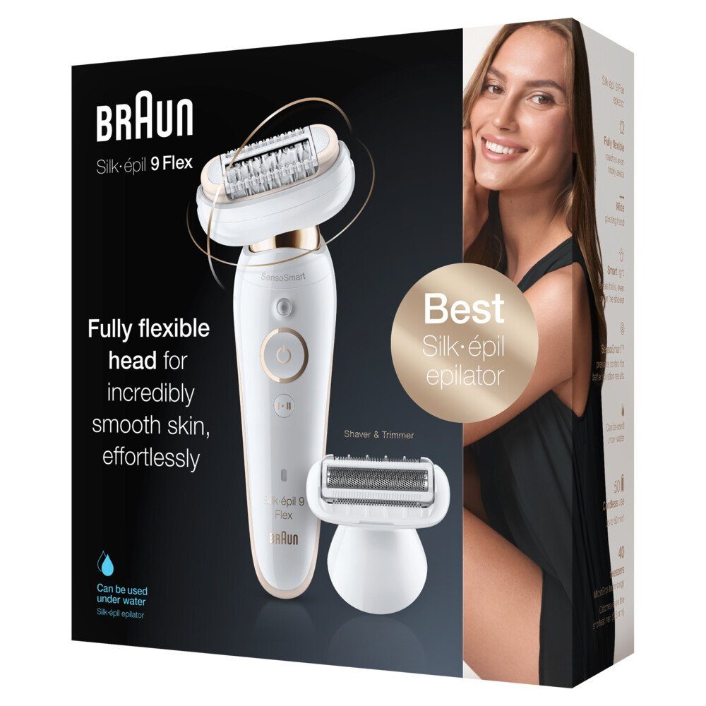 Braun Эпиляторы Silk-épil 9 Flex 9002, Aufsätze: 2 St., Inkl. Rasieraufsatz & Trimmer und Beauty Pouch, Эпиляторы mit vollständig flexiblem Kopf