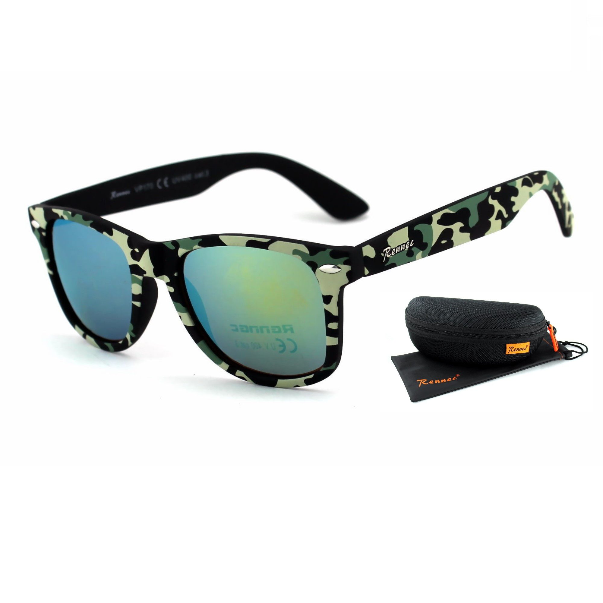 Rennec Sonnenbrille Herren Damen Retro Brille Tarnfarben Nerdbrille UV400 (Markenbrille in Camoflage mit schwimmfähiger Brillenbox) Gläser Verspiegelt, Glasfarben Silber, Türkis, Orange, Grün Blau