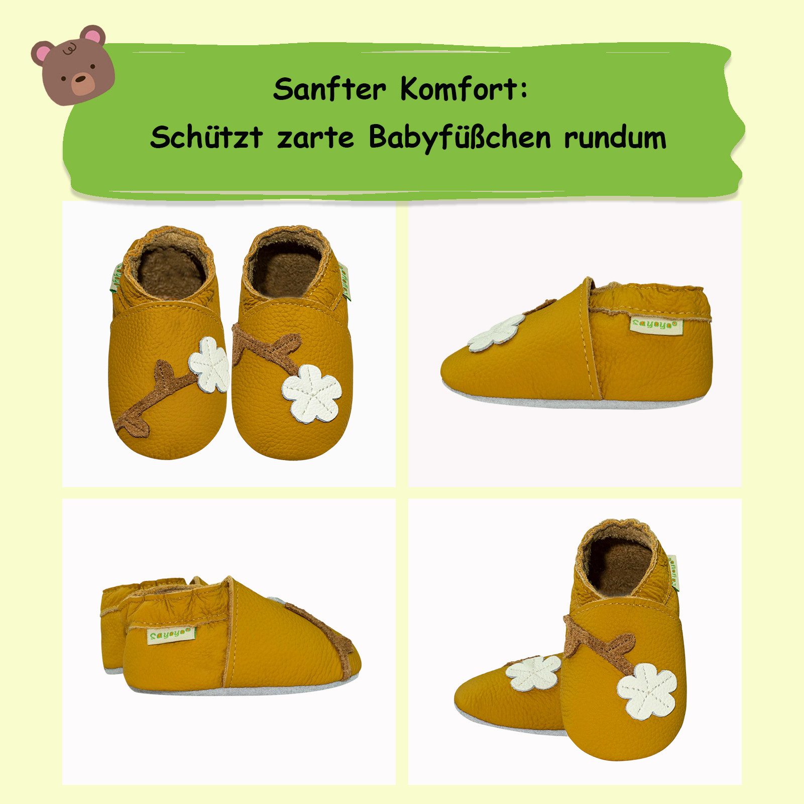 Sayoyo Weiche Leder Lauflernschuhe Hausschuhe Lederpuschen Blumen Krabbelschuh – Bild 2 von 5