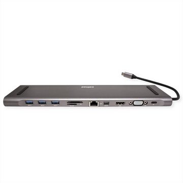 ROLINE USB 3.2 Gen 2 Typ C Multiport Docking Station Computer-Adapter USB Typ C (USB-C) Männlich (Stecker) zu HDMI Typ A Weiblich (Buchse), 4K HDMI/Mini DP, VGA, USB, Card Reader, PD, LAN, Audio