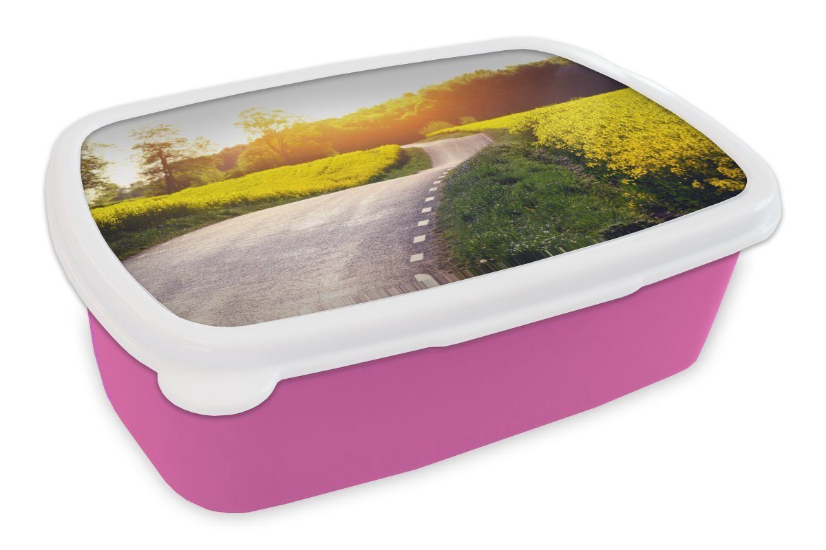 MuchoWow Lunchbox Blumen - Straße - Sommerabend, Kunststoff, (2-tlg), Brotbox für Erwachsene, Brotdose Kinder, Snackbox, Mädchen, Kunststoff rosa