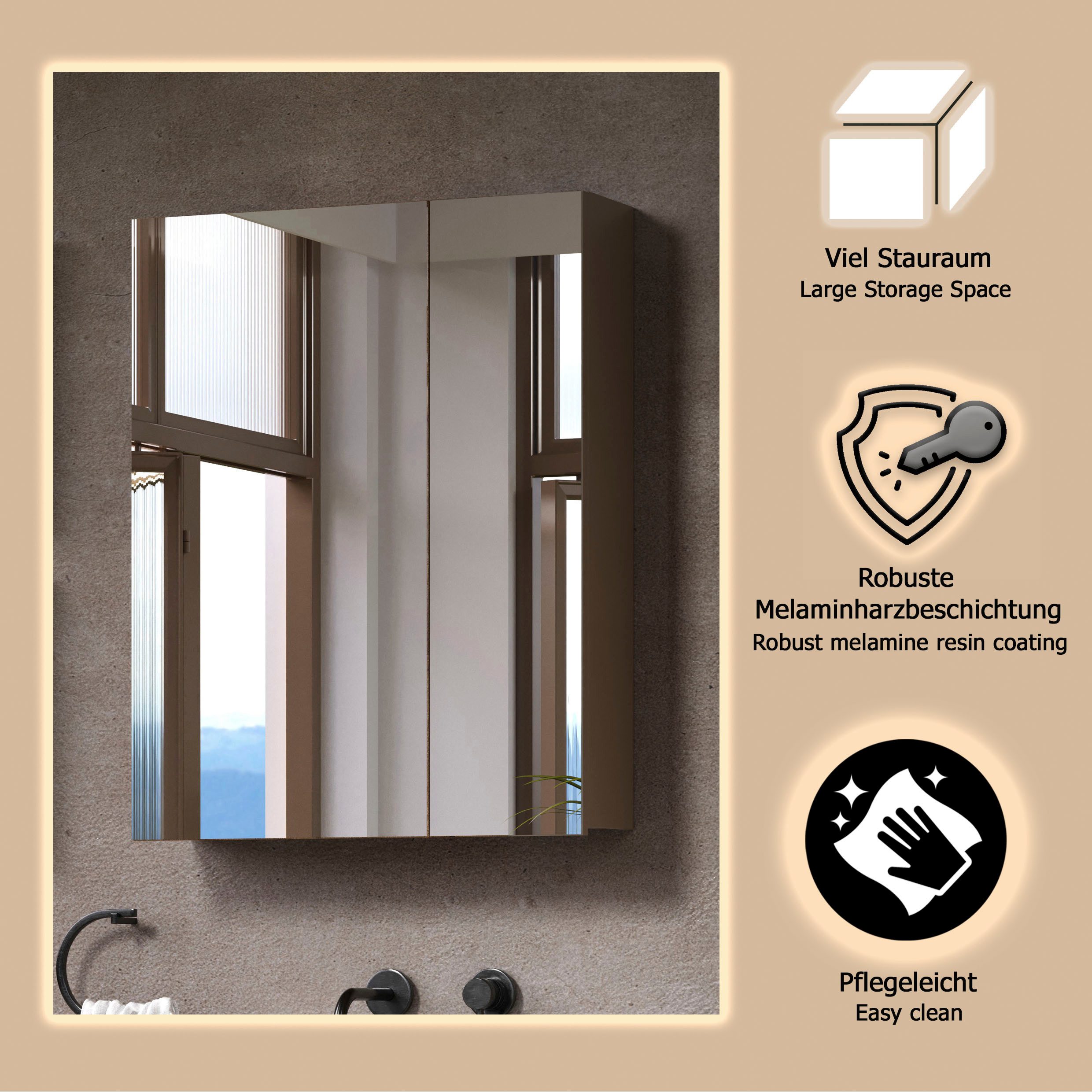 welltime Spiegelschrank Isera (1-St) Spiegelschrank mit 2 Türen und 2 Einlegeböden – (B/T/H) 60/17/77 cm