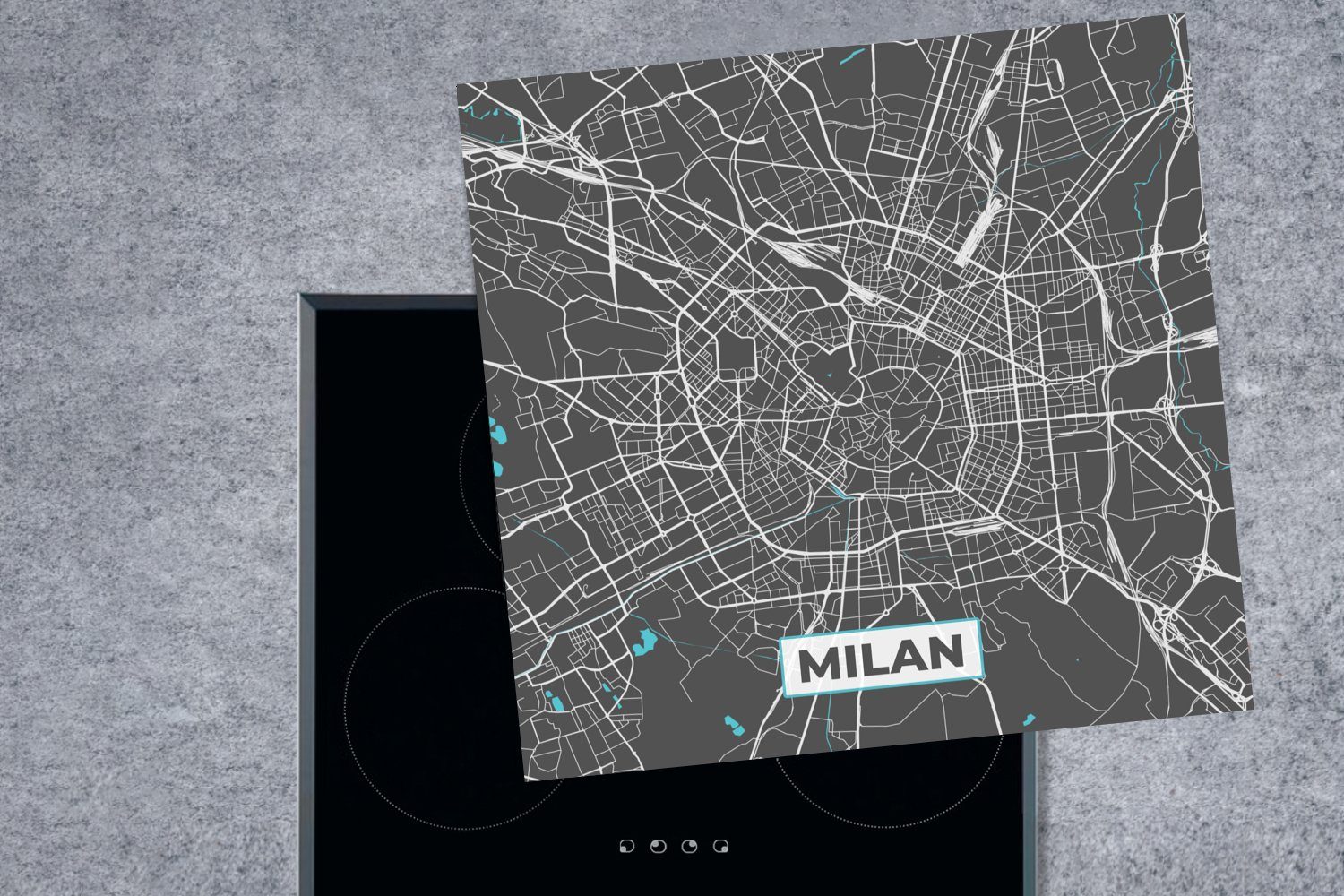 MuchoWow Herdblende-/Abdeckplatte Blau Arbeitsplatte Karte, 78x78 Mailand Stadtplan Vinyl, - (1 küche cm, - Ceranfeldabdeckung, tlg), - für