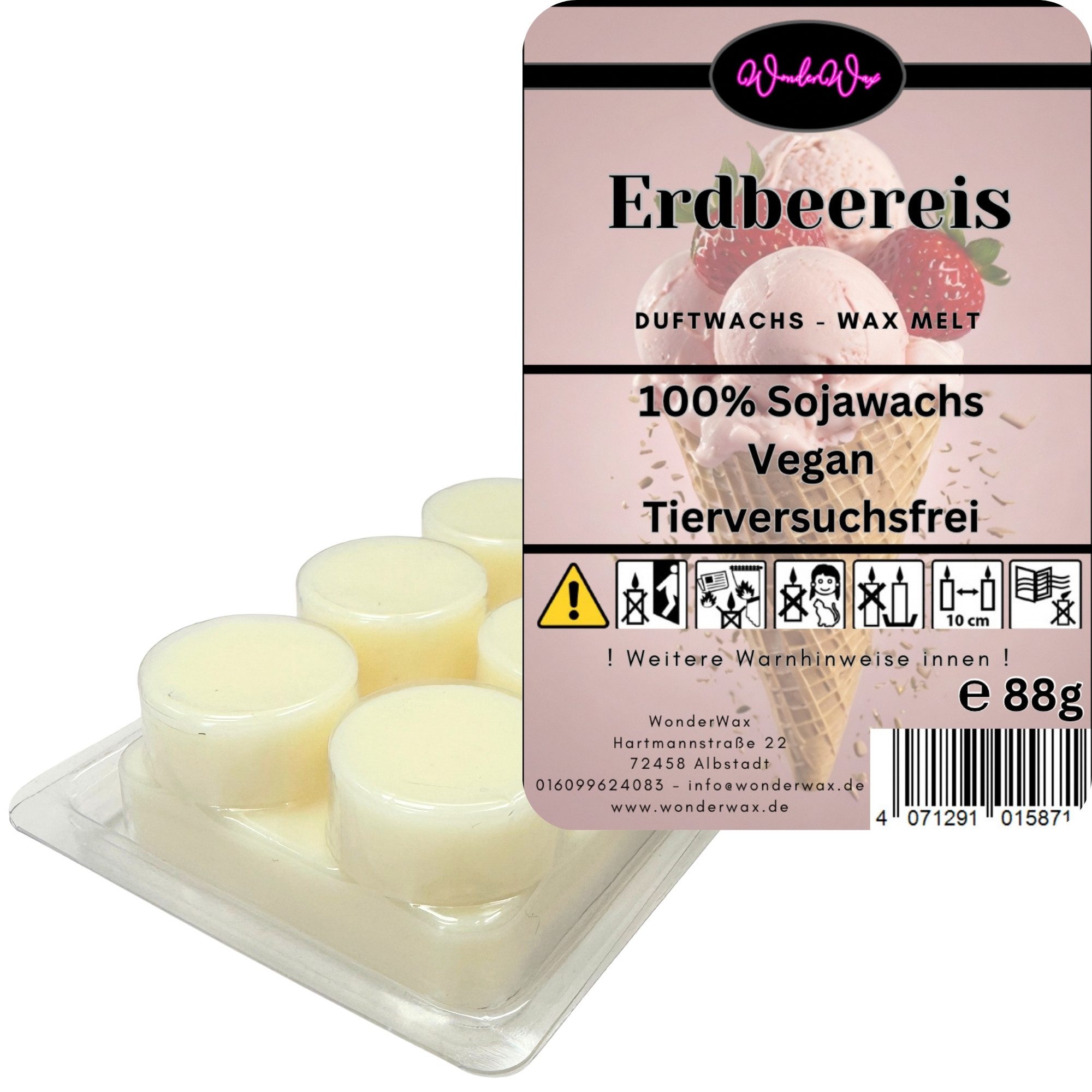 WonderWax Duftwachs WonderWax® Duftriegel 6 x Duftwachs Kreise Weiß, 100% Sojawachs (Erdbeereis), Duftrichtung: Erdbeereis