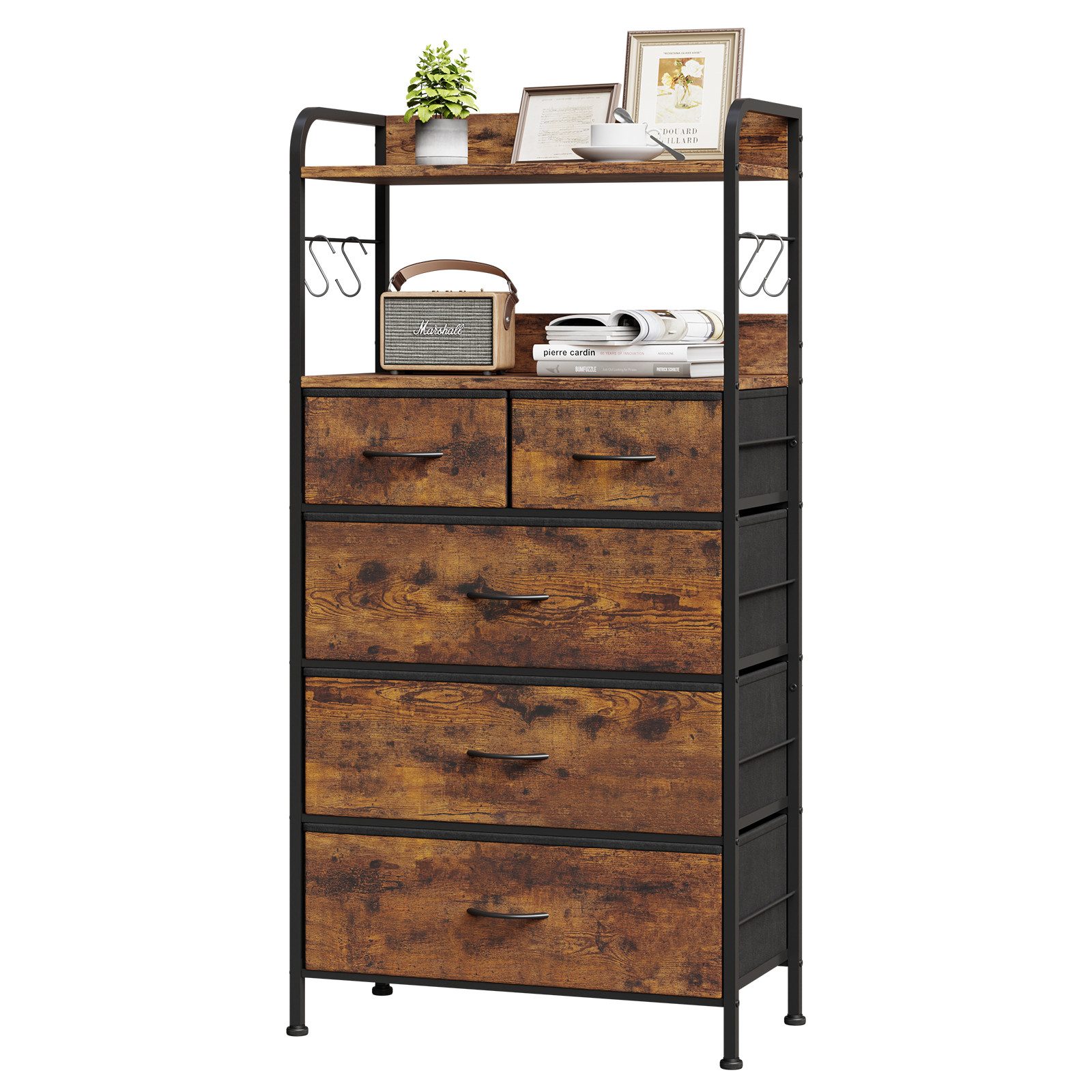 GarveeMore Kommode Schrank Aufbewahrungsschrank mit 5 Schubladen aus Stoff 60x30x120cm