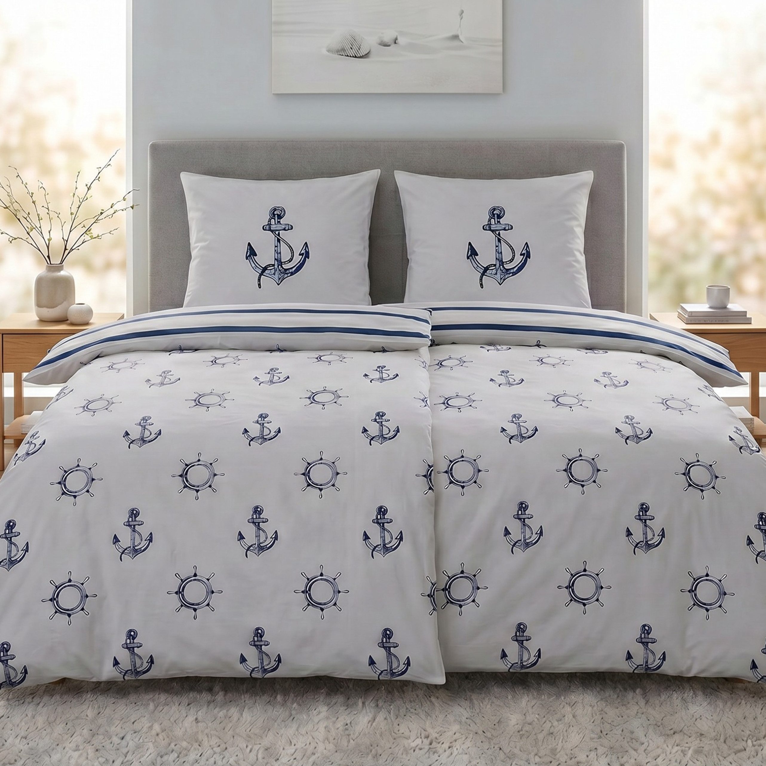 MTOnlinehandel Bettwäsche Anker 135x200 + 80x80 cm, Renforcé, maritimes Design in Hellgrau/Blau, 100% Baumwolle, 2 teilig, Küstenflair zum Wohlfühlen
