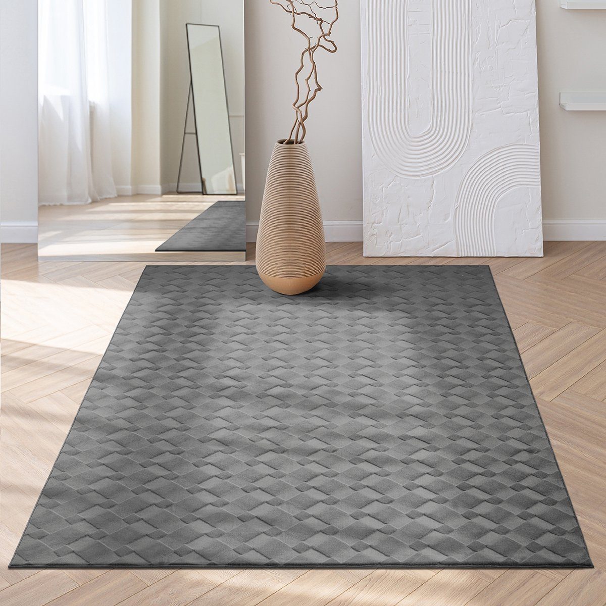 Teppich Rio - moderner und weicher Teppich, the carpet, rechteckig, Höhe: 16 mm, Anti-Rutsch, 3D-Optik, flauschiger Flor, pflegeleicht und robust Anthrazit | Kurzflor-Teppiche