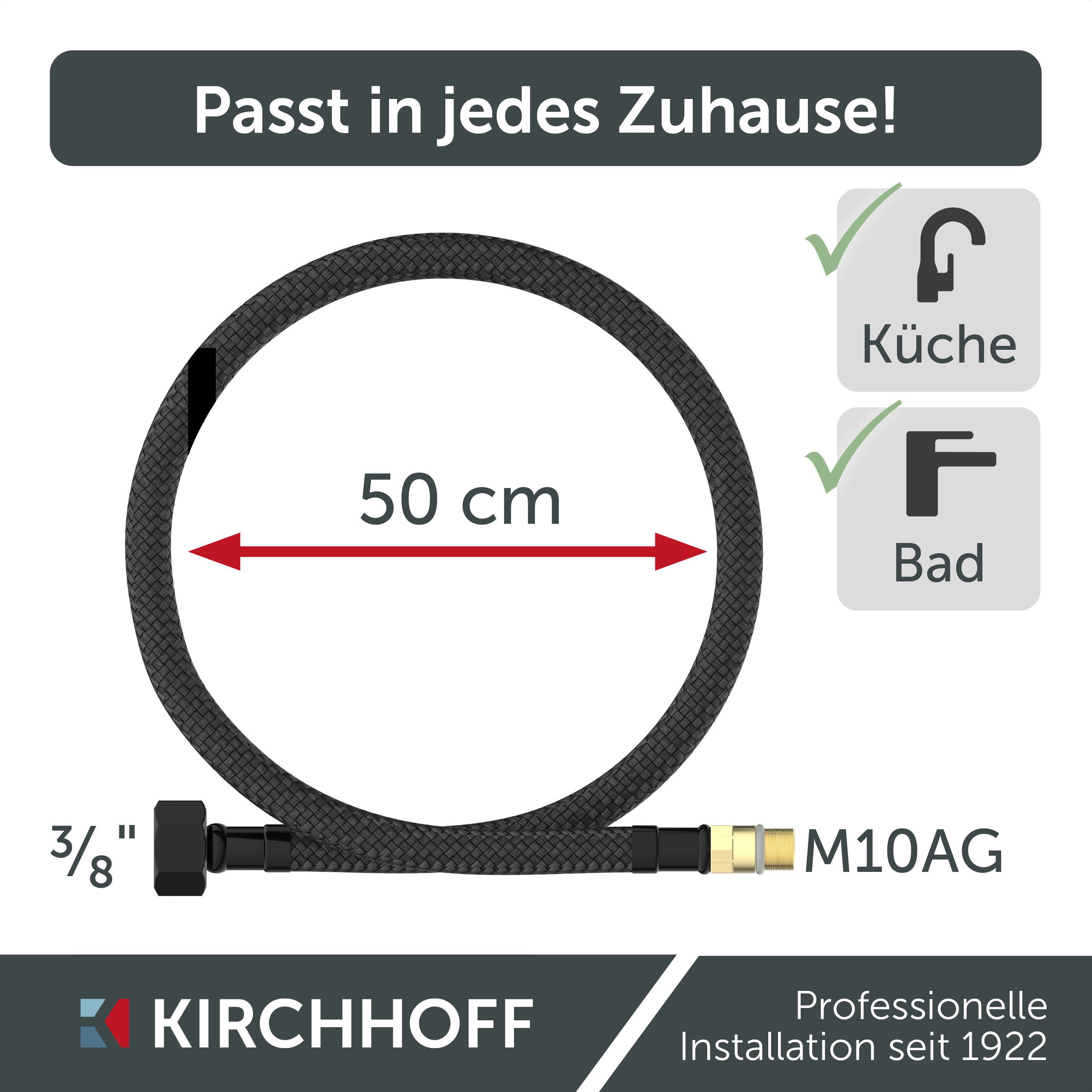 Kirchhoff Flexschlauch, Flexibel, 50 cm. Standardmaß 3/8" Innengewinde x M10 Außengewinde