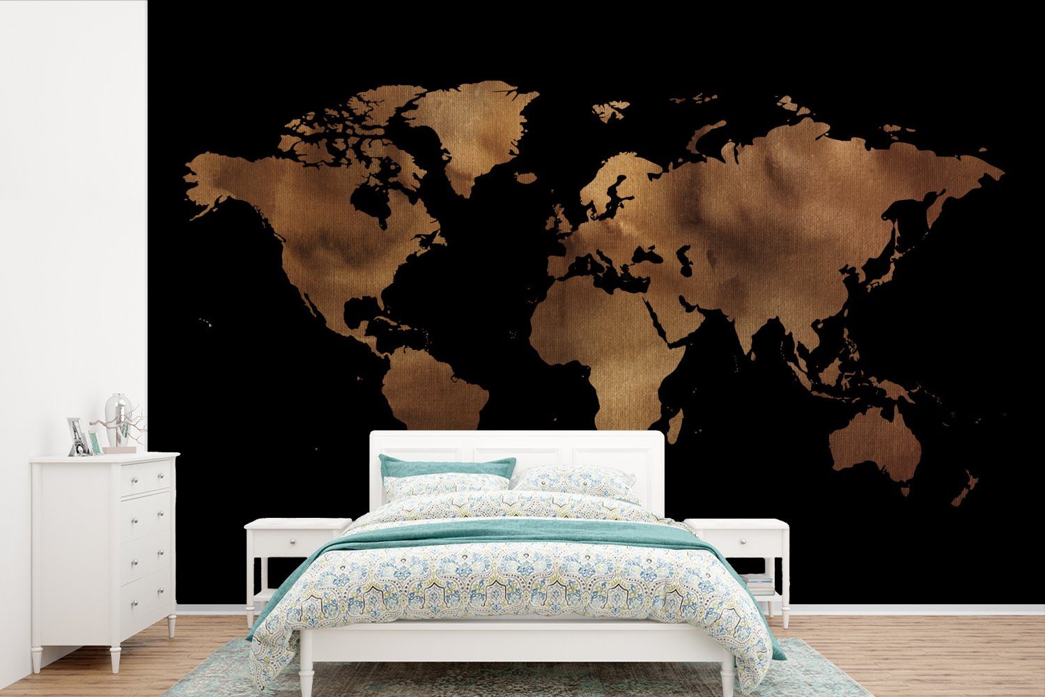 Schlafzimmer, MuchoWow Matt, St), Kinderzimmer, bedruckt, Weltkarte Schwarz Bronze, (6 für - - Tapete Wohnzimmer, Vinyl Fototapete Wallpaper