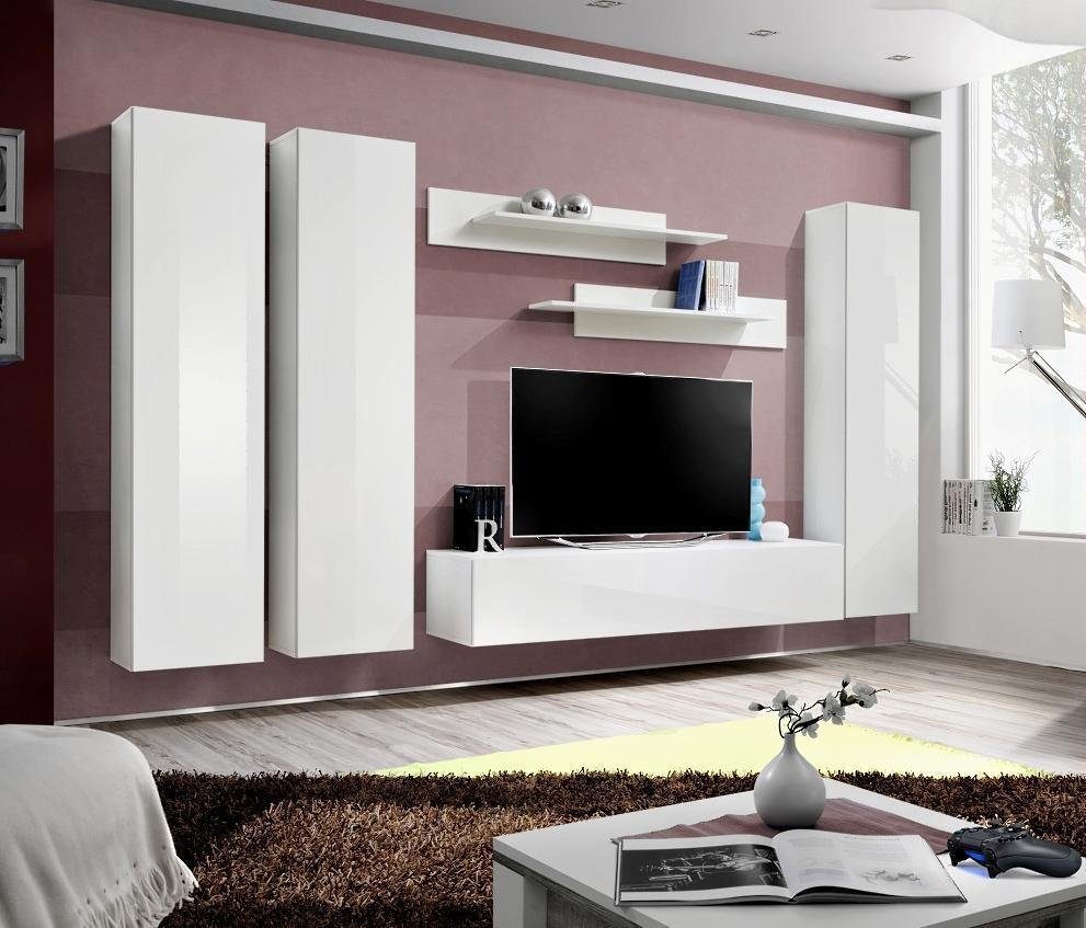 TV JVmoebel Komplette Set Wohnzimmer-Set Wohnwand Made Einrichtung, (7-St), 6 in Europa Ständer Wohnzimmer Weiß tlg