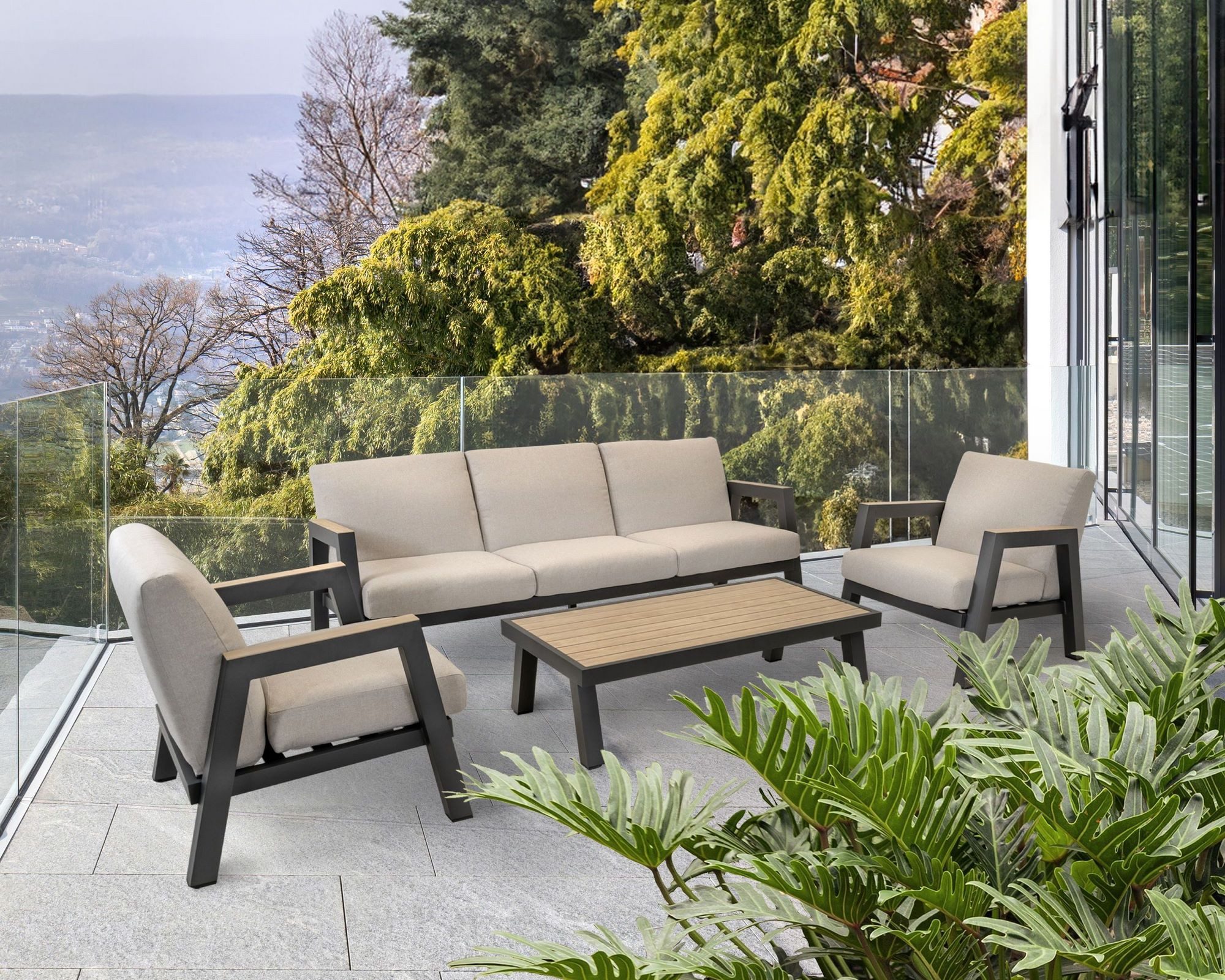 Lesli Living Gartenlounge-Set Lesli Living Lounge-Set "Manu" Anthrazit/Beige/Holzoptik