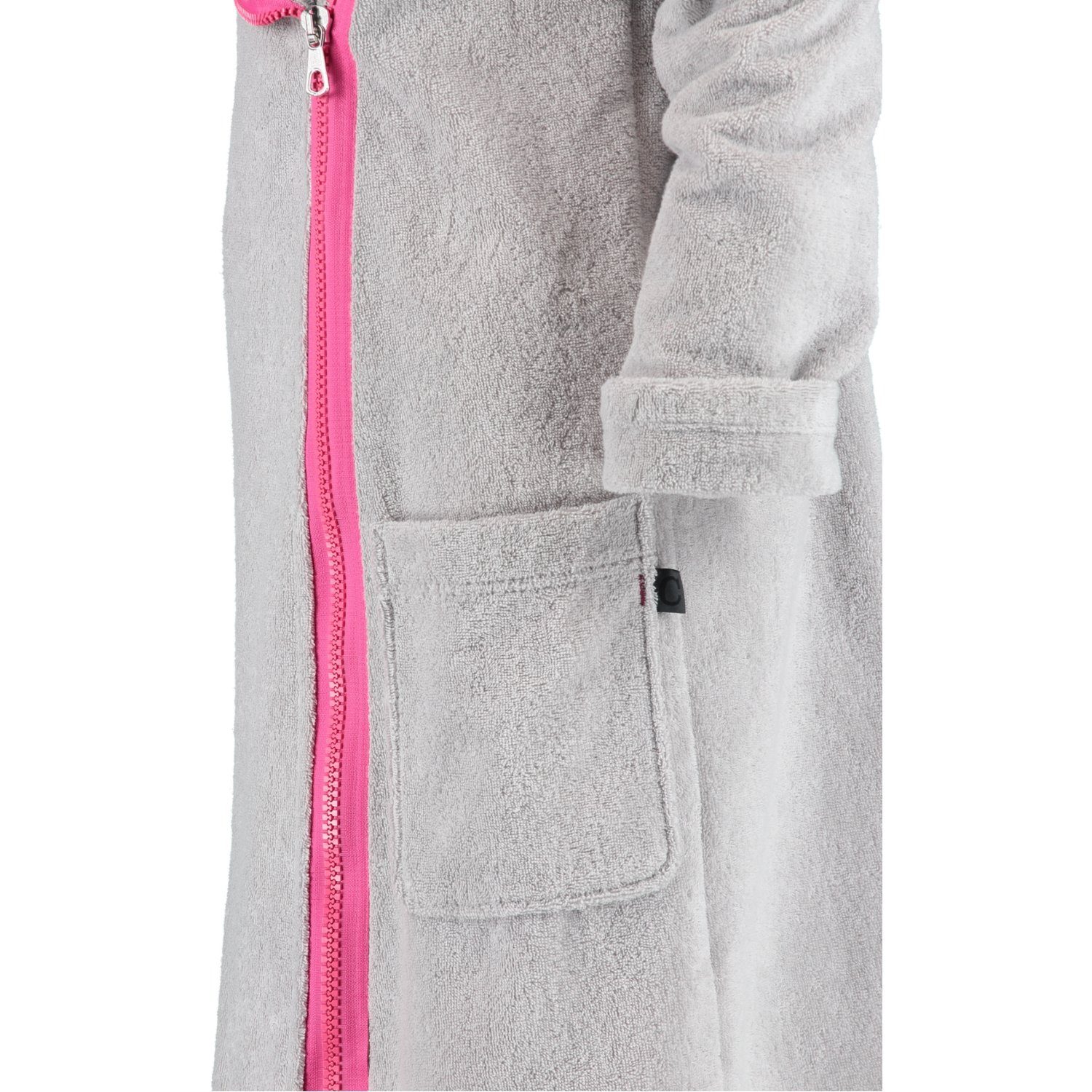Cawö Damenbademantel 6116, Kurzform, Baumwolle, platin Reißverschluss, pink 702 Zipper Kapuze