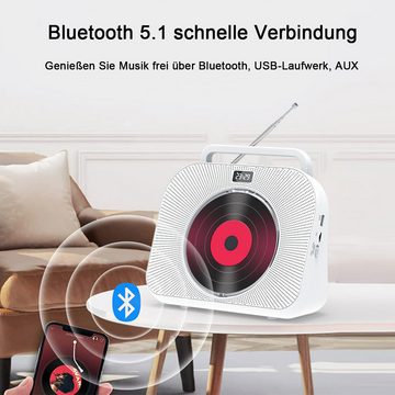 DOPWii Tragbarer Bluetooth-CD-Player mit Bluetooth 5.1, CD-Musik-Player CD-Player (mit Timer, integrierte HiFi-Lautsprecher, UKW-Radio für Zuhause)