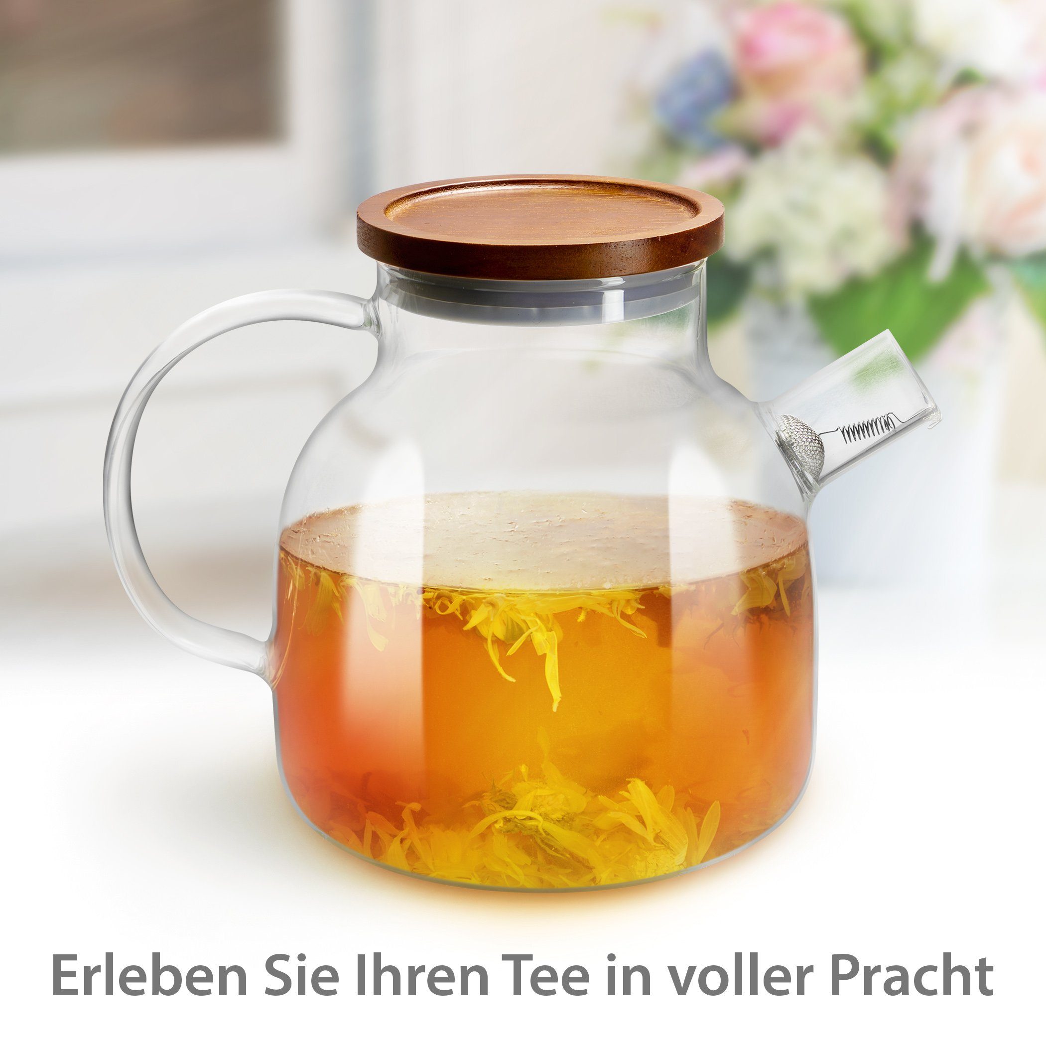 Impolio Teekanne Glas Teekanne Holzdeckel, Hitzebeständiger & Edelstahl-Filter Griff