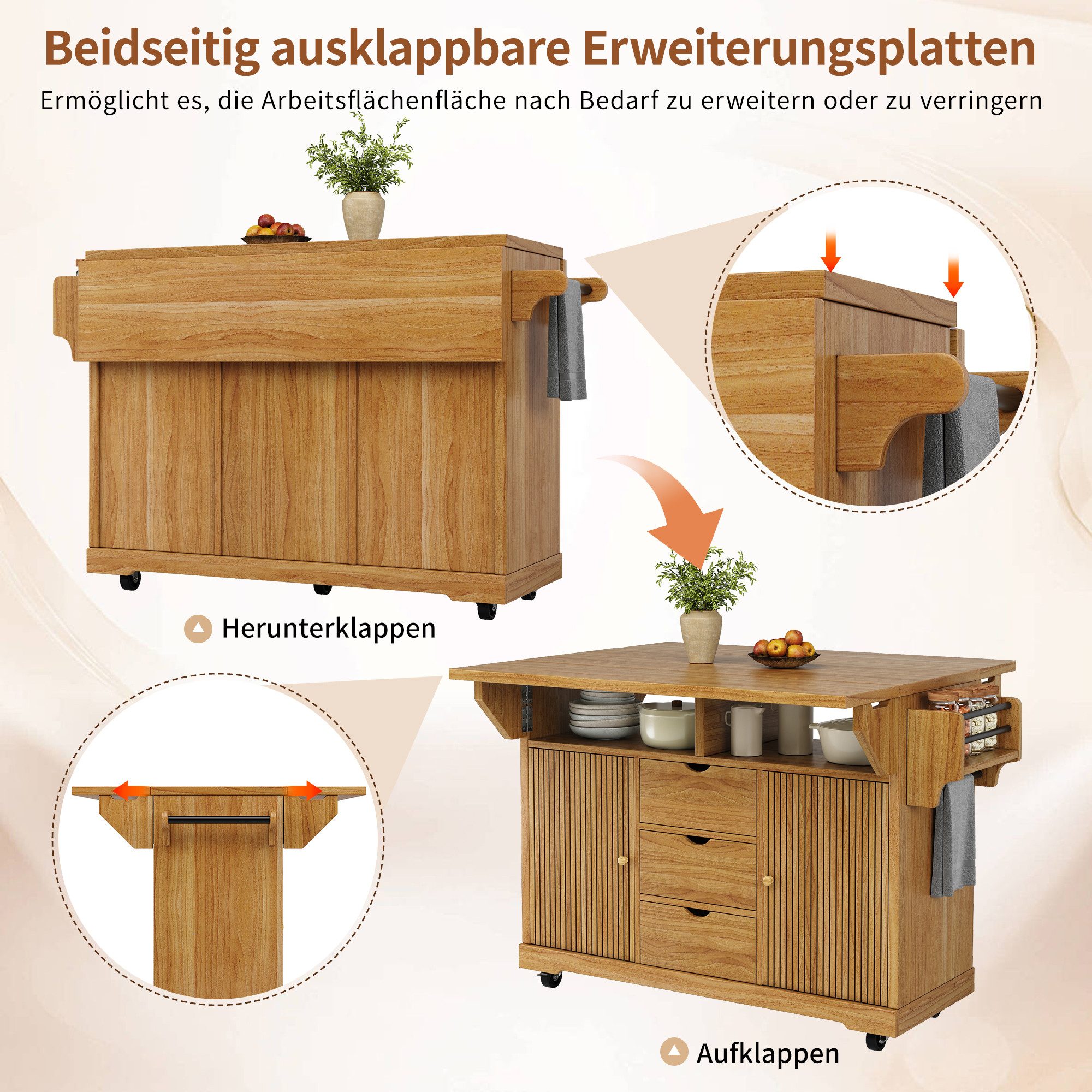 i@home Kücheninsel Küchenwagen freistehend mit Rollen und Arbeitsplatte, ausklappbarer, (mit Handtuchstange, feststellbaren Rollen und verstellbaren Böden), Ser – Bild 4 von 5