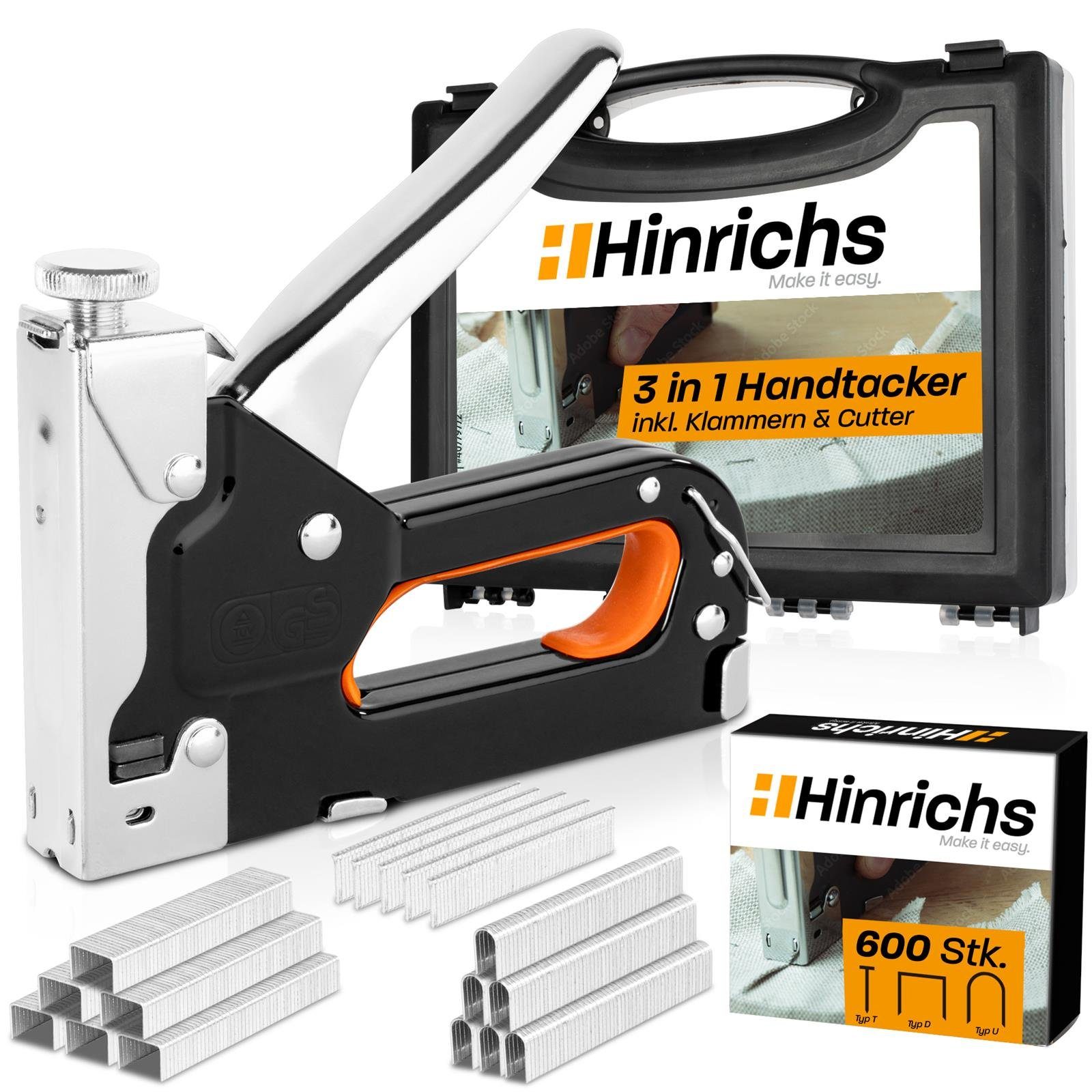 Hinrichs Hinrichs Klammern Handtacker Koffer mit (3-in-1), mit und Nägeln Holztacker im Nägeln, Handtacker