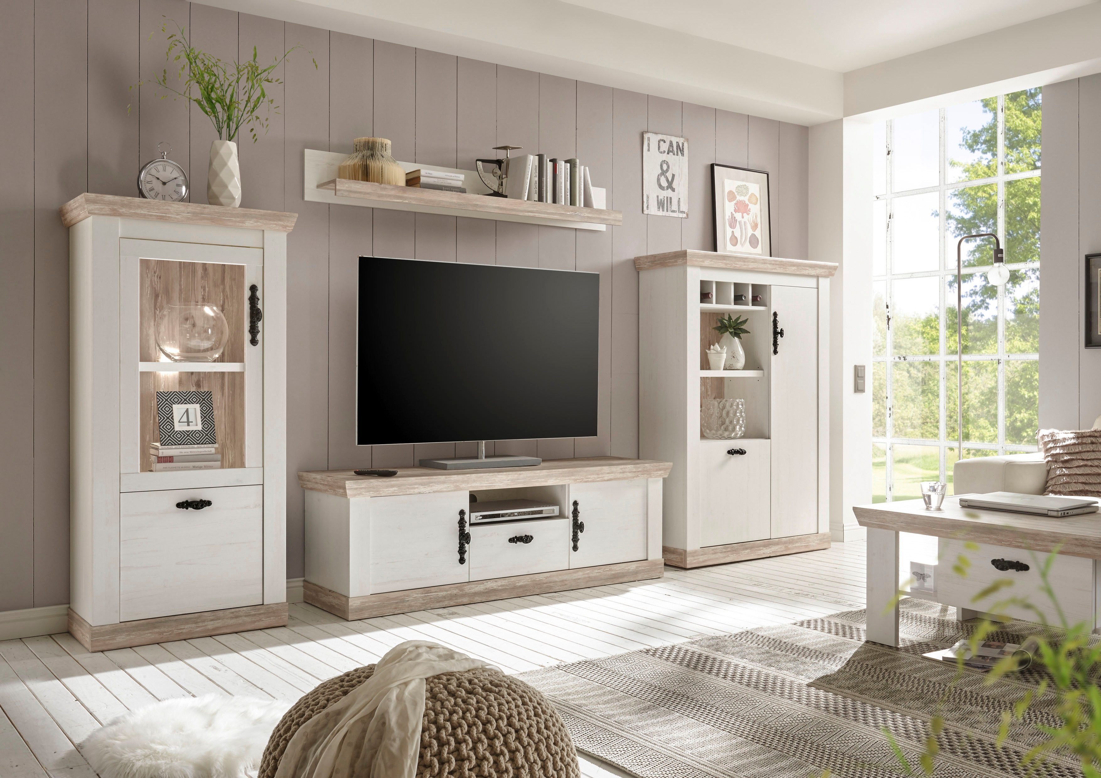 Home affaire Wohnwand Florenz, Anbauwand im Landhausstil, Komplettset mit Metallgriffen, (Set, 4-St), enthält Vitrine, Lowboard, Kommode und Wandboard, 352 cm breit