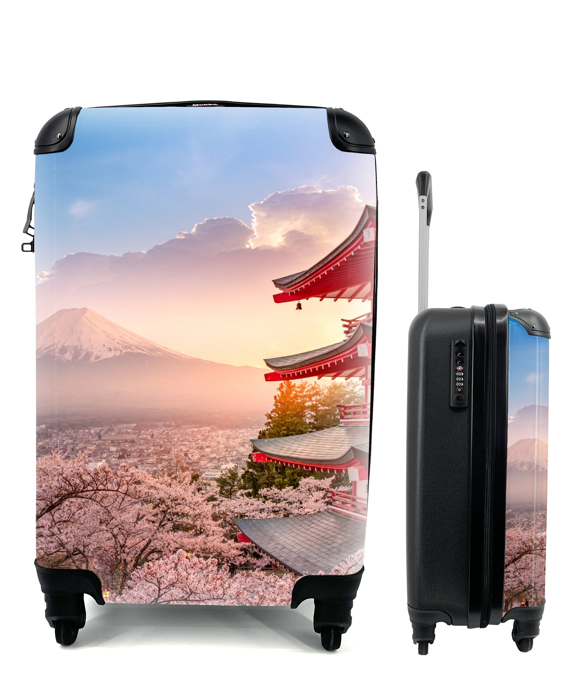 MuchoWow Handgepäckkoffer Pagode - Sakura - Fuji - Blütenzweige - Japan, 4 Rollen, Reisetasche mit rollen, Handgepäck für Ferien, Trolley, Reisekoffer